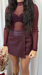 PU Wrap Over Leather Look Skort - WINE