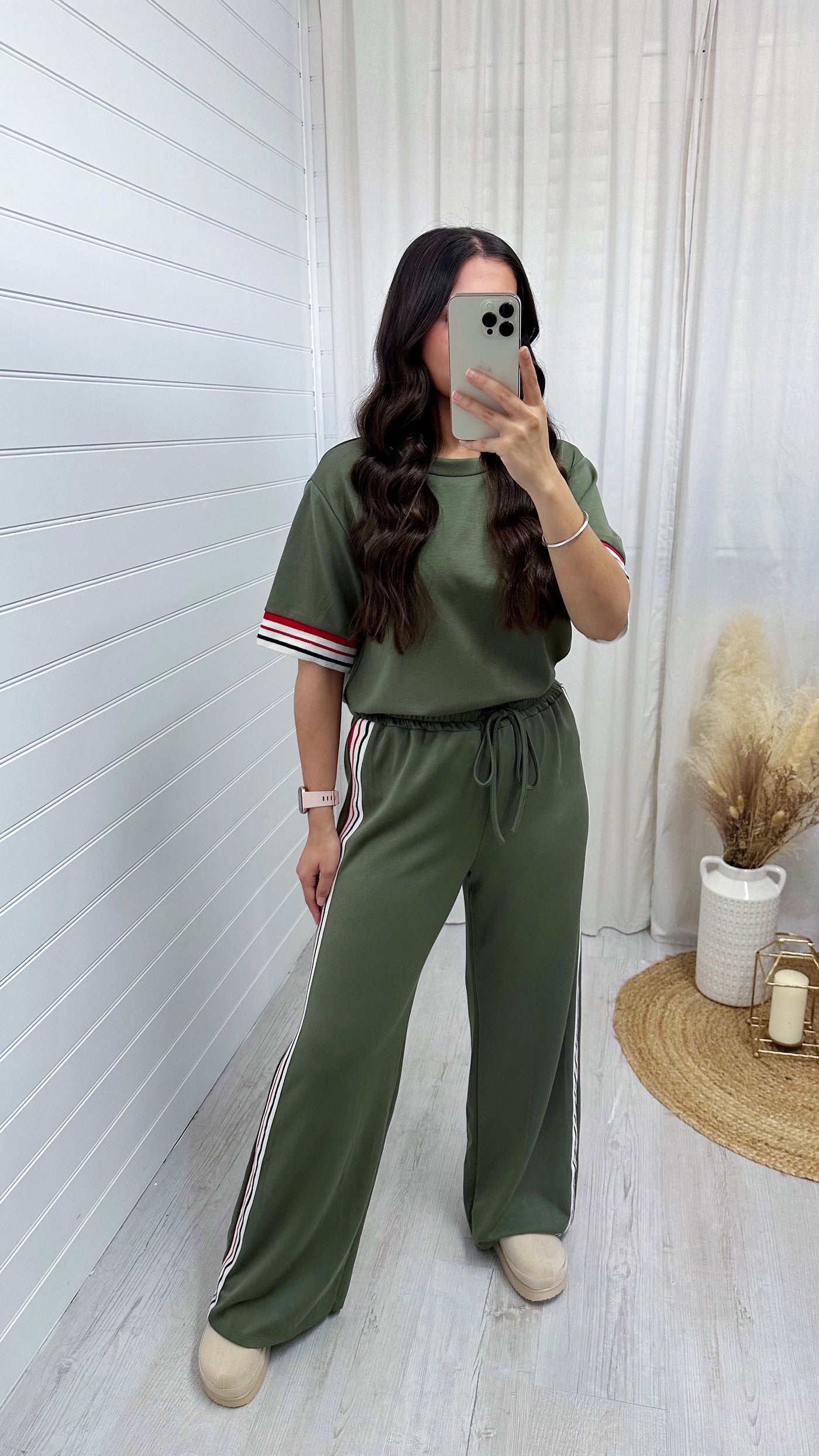 Side Stripe Plain T-Shirt and Joggers Co-Ord - KHAKI