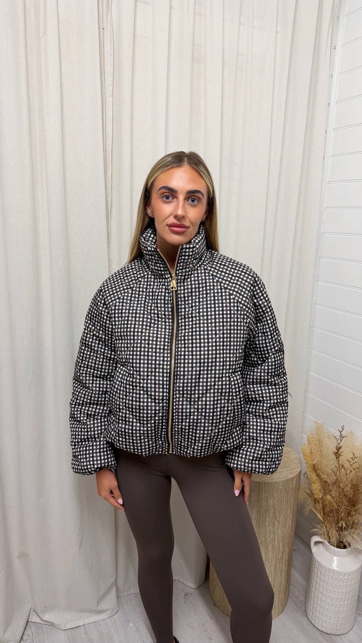 Quilted Gingham Bomber Jacket - BROWN