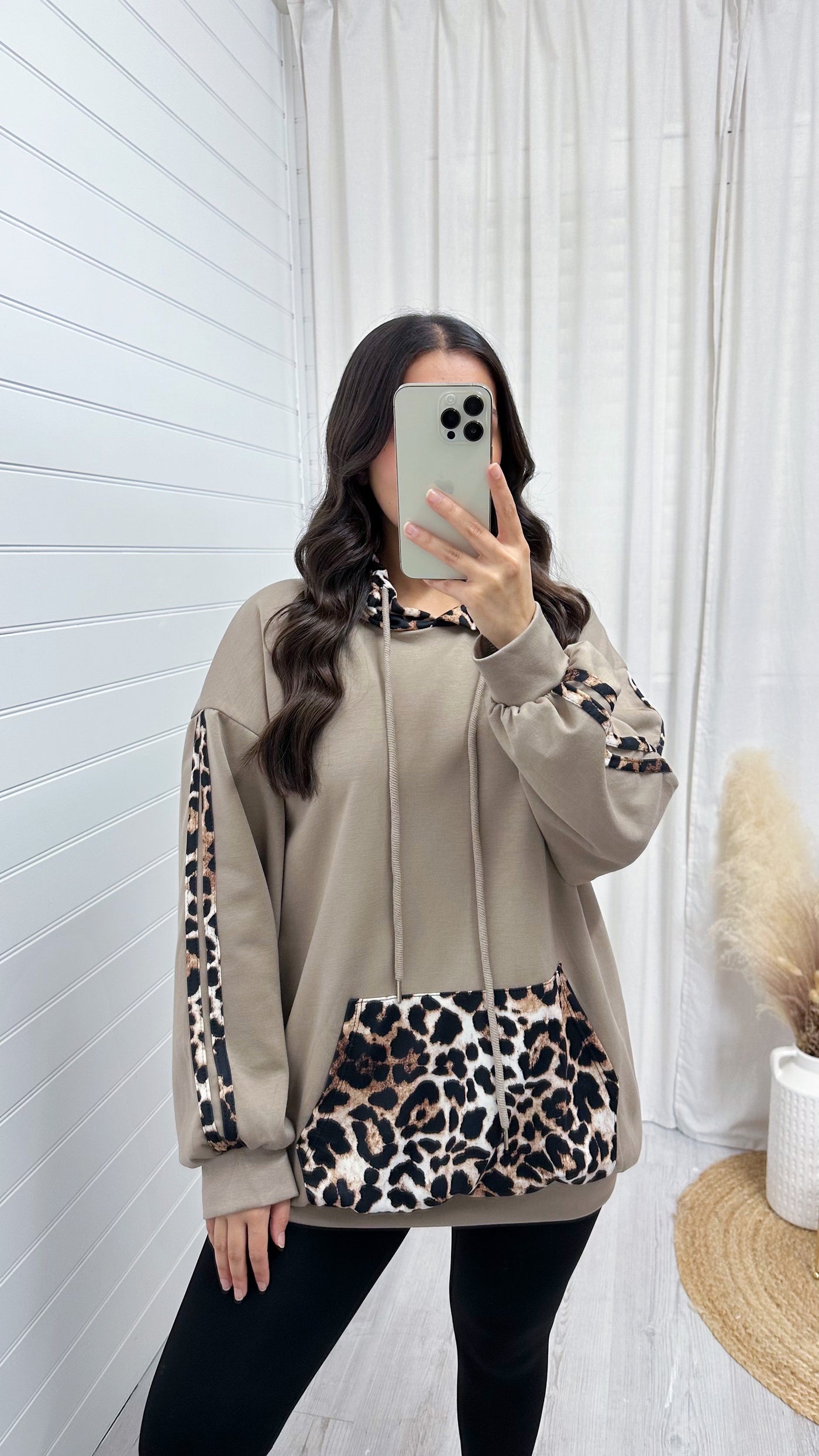 Oversized Leopard Contrast Hoodie - MOCHA