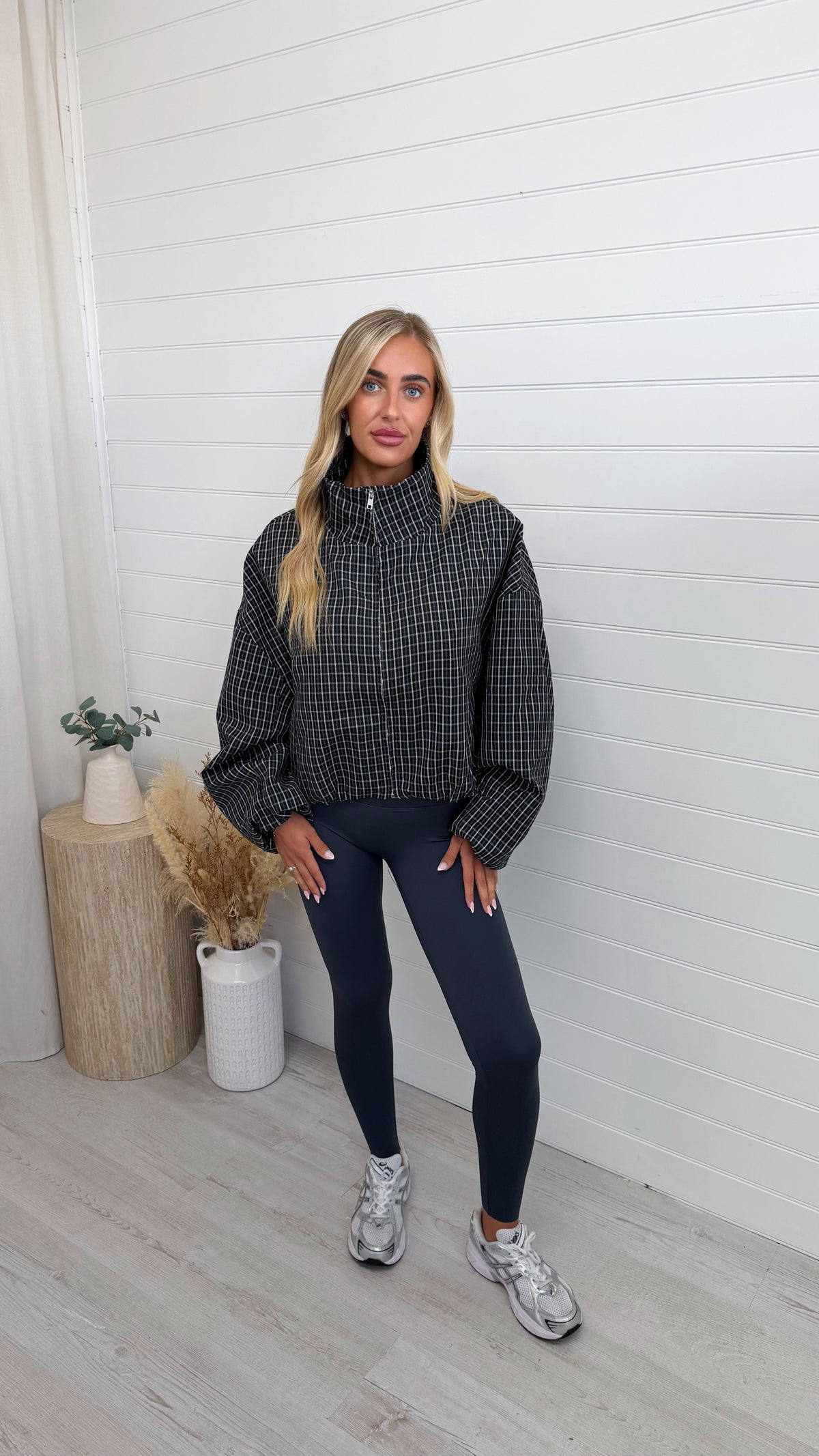 High Neck Check Bomber Jacket - BLACK