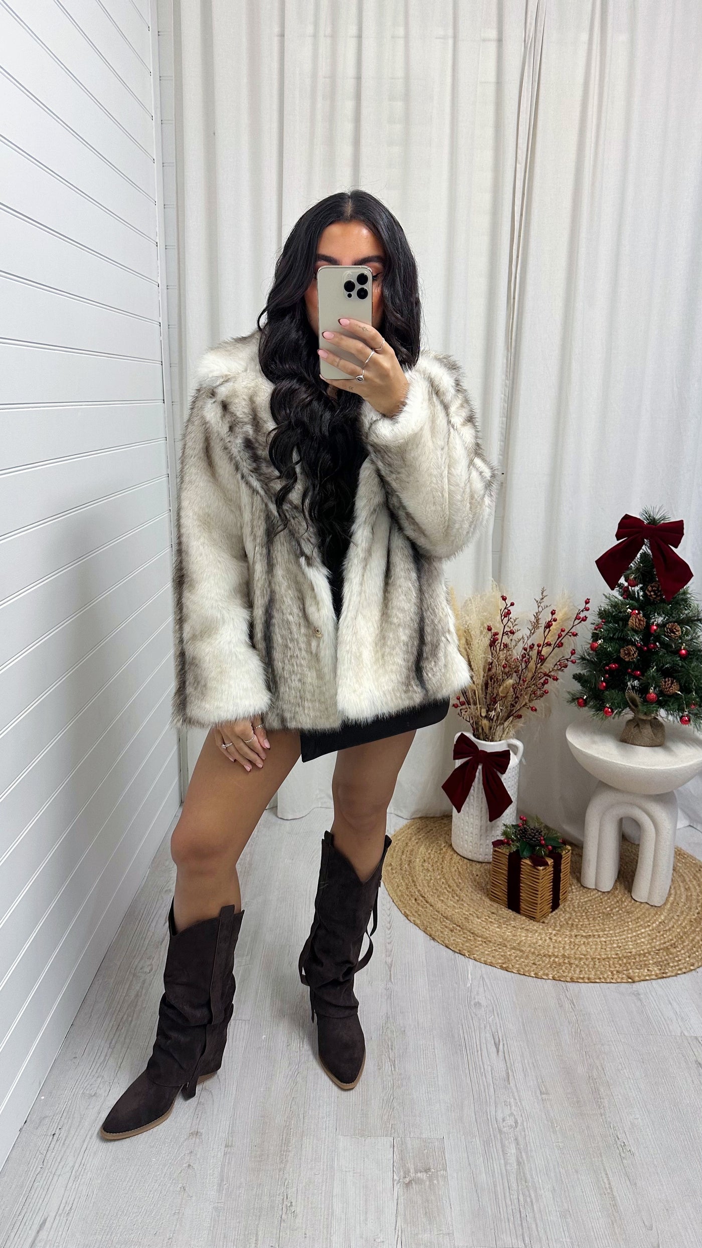Chunky Two Tone Faux Fur Coat - CREAM/BROWN