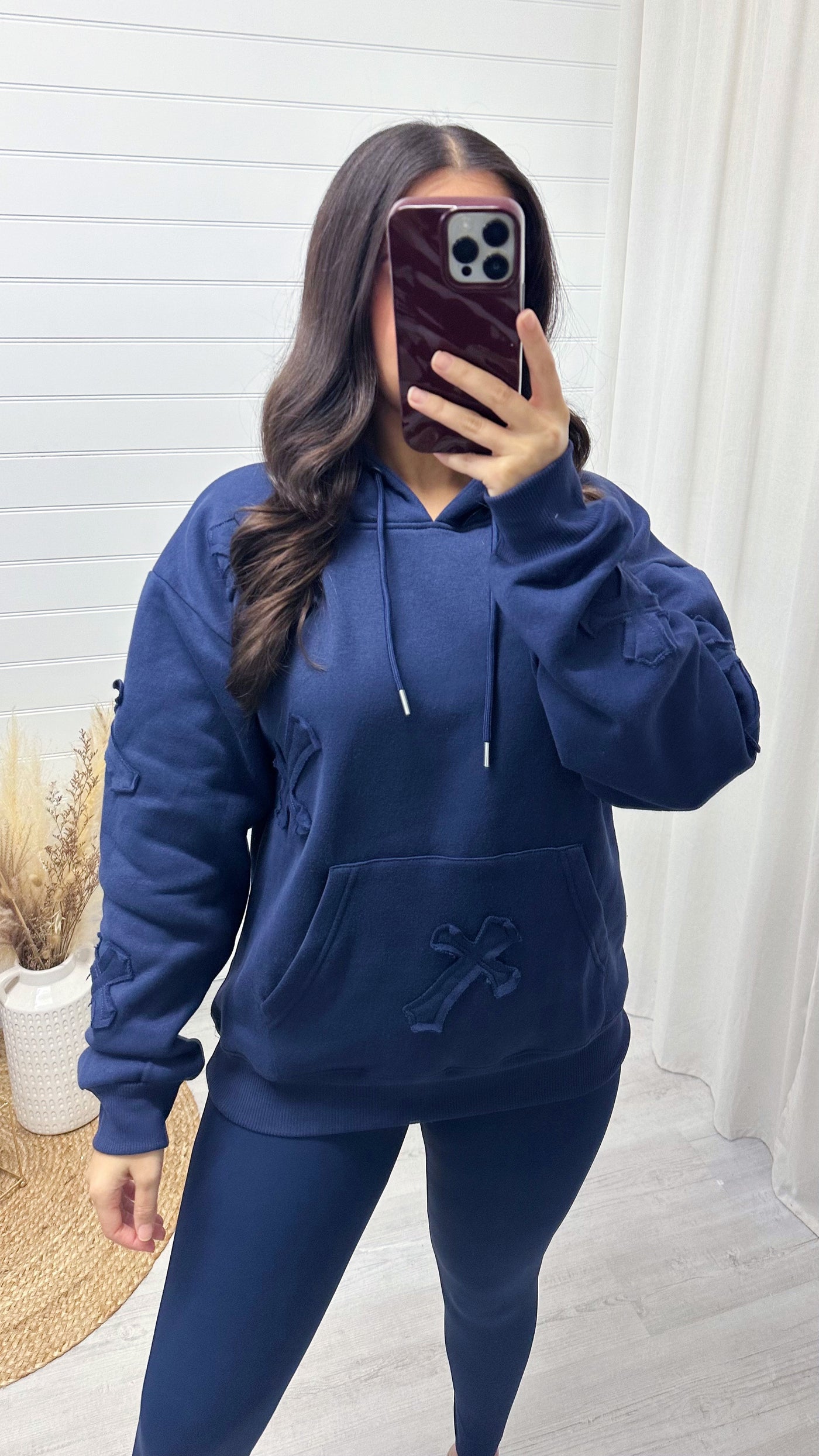 Oversized Distressed Cross Hoodie - NAVY