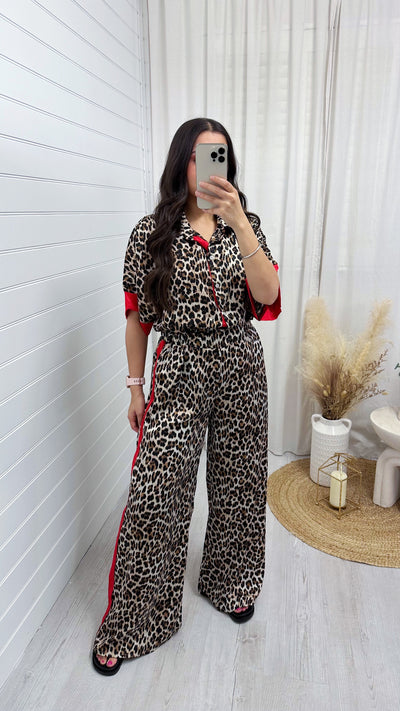 Satin Side Stripe Leopard Print Shirt and Trousers Co-Ord - RED