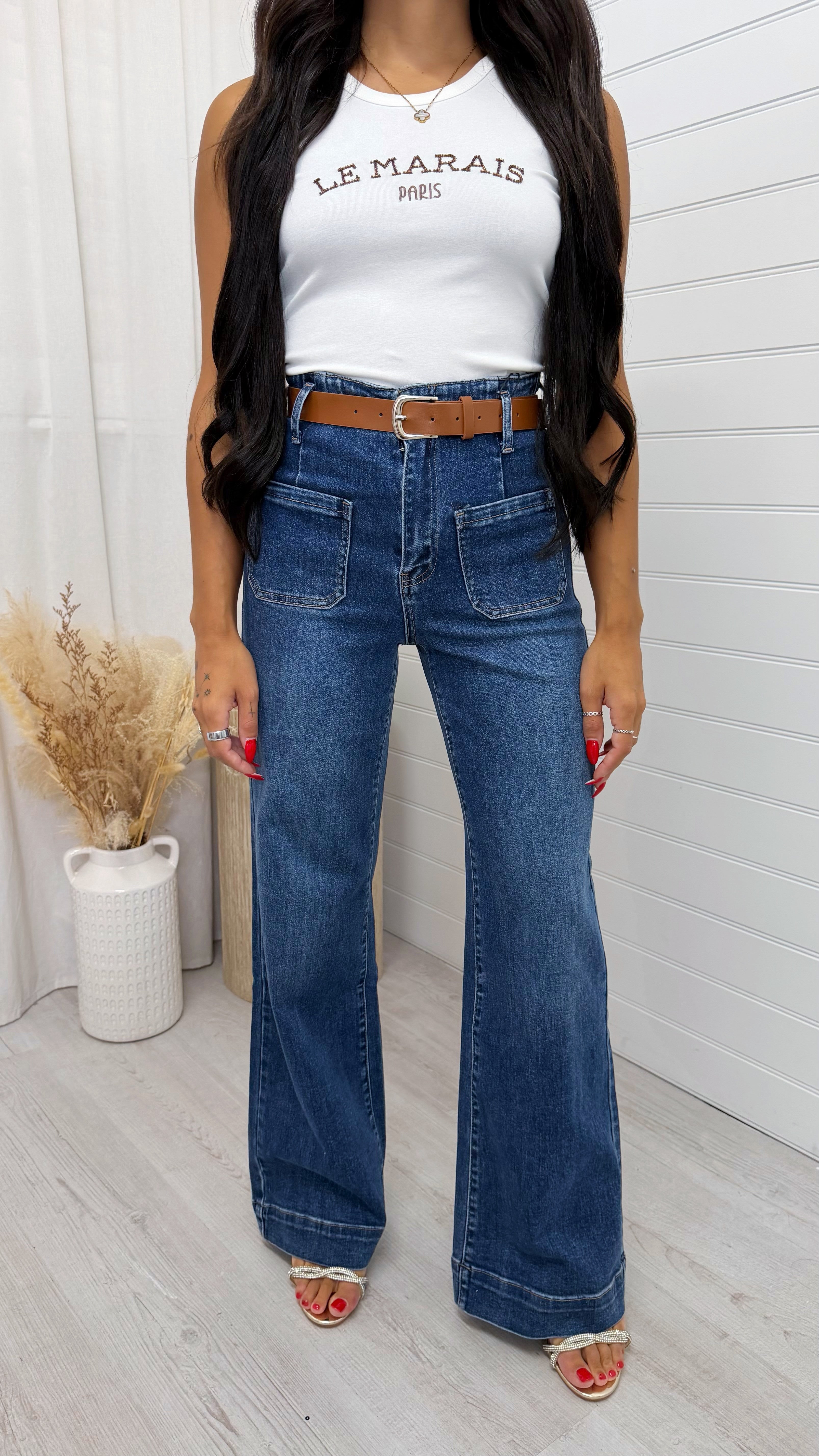 Front Pocket Flare Jeans With Belt - DARK DENIM