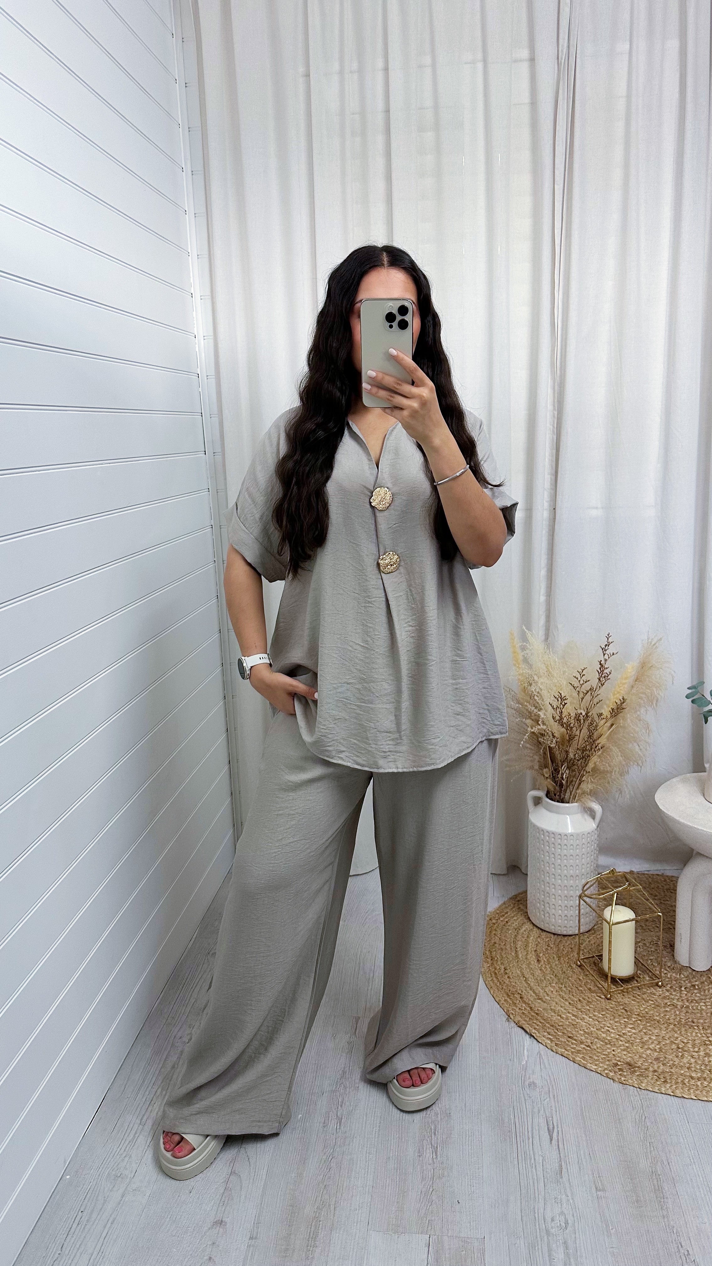 Gold Button V Neck Top and Wide Leg Trousers Co-Ord - DOVE GREY