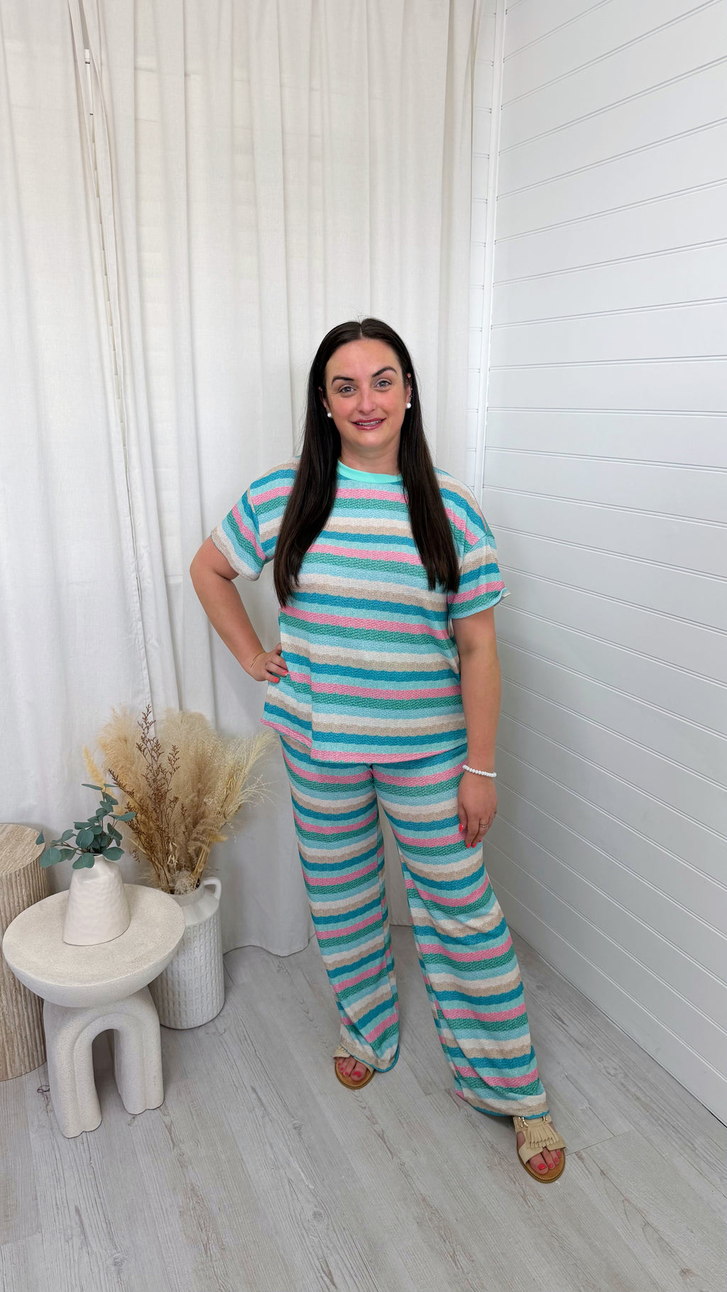 Lurex Pastel Stripe T-Shirt and Trousers Co-Ord - MINT