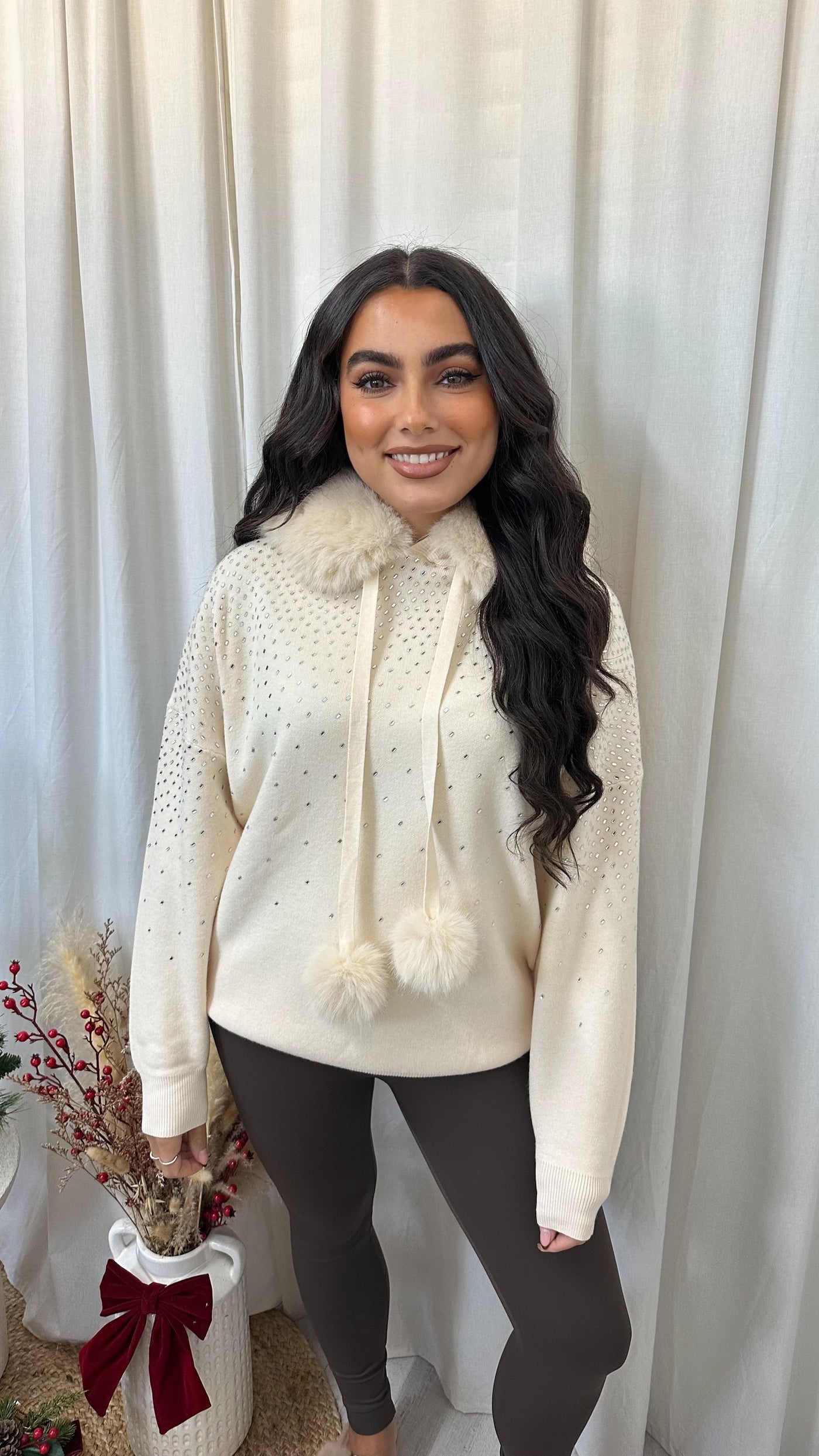 Diamante Fur Hood Knitted Jumper - CREAM