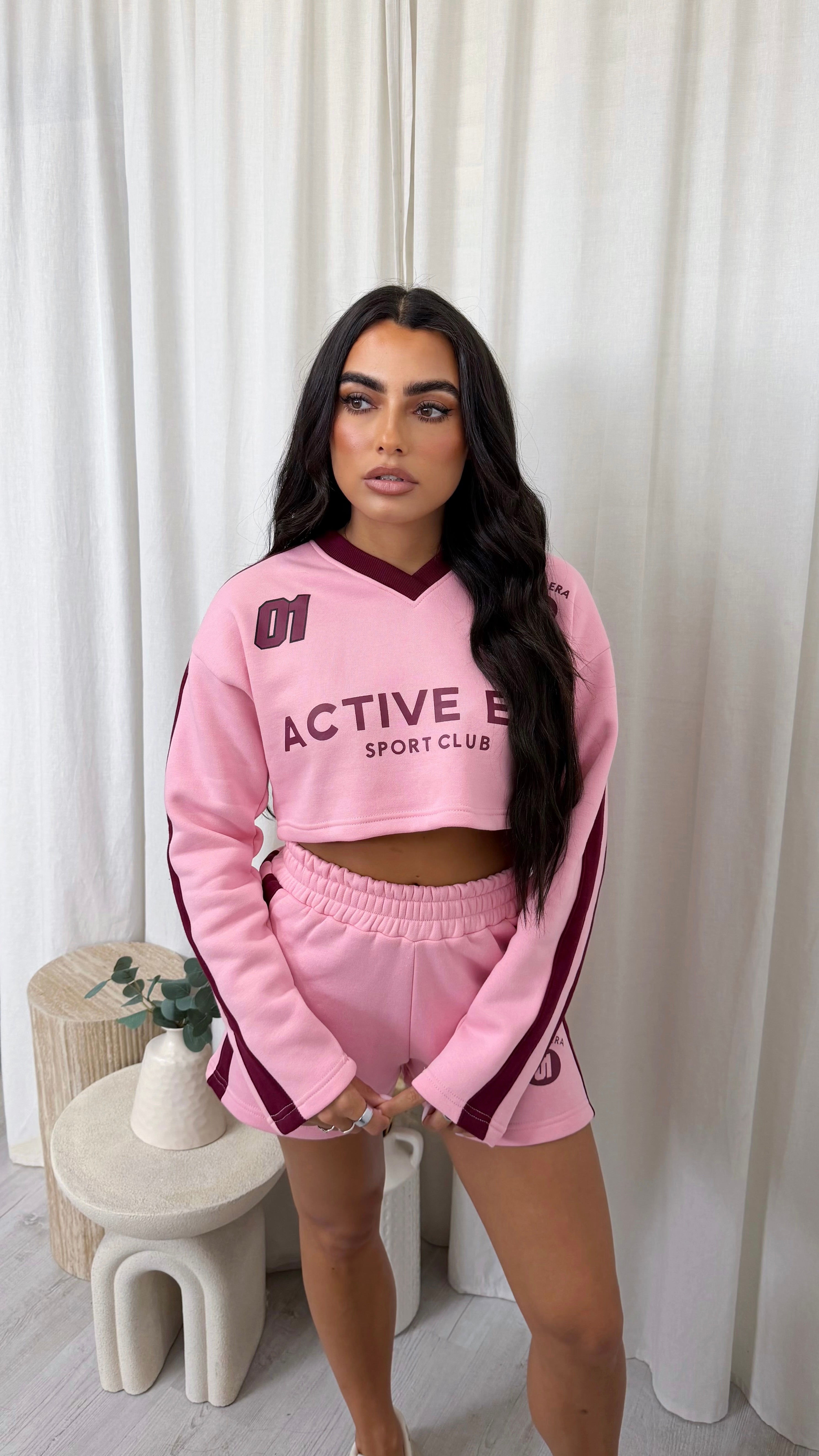 Racer Graphic Crop Sweatshirt and Shorts Co-Ord - PINK