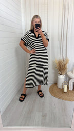 Crochet V Neck Midi Dress - BLACK/WHITE