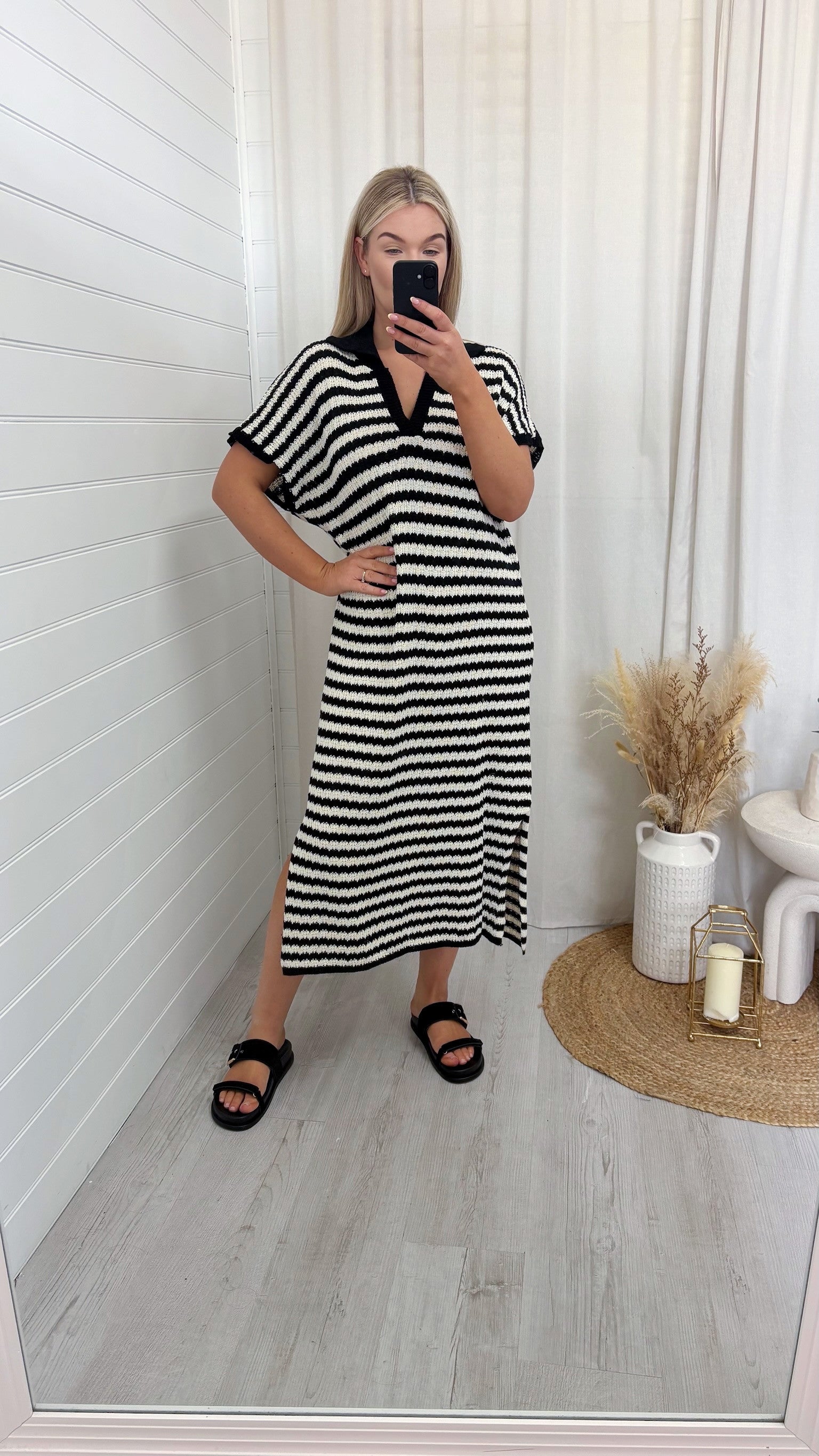 Crochet V Neck Midi Dress - BLACK/WHITE