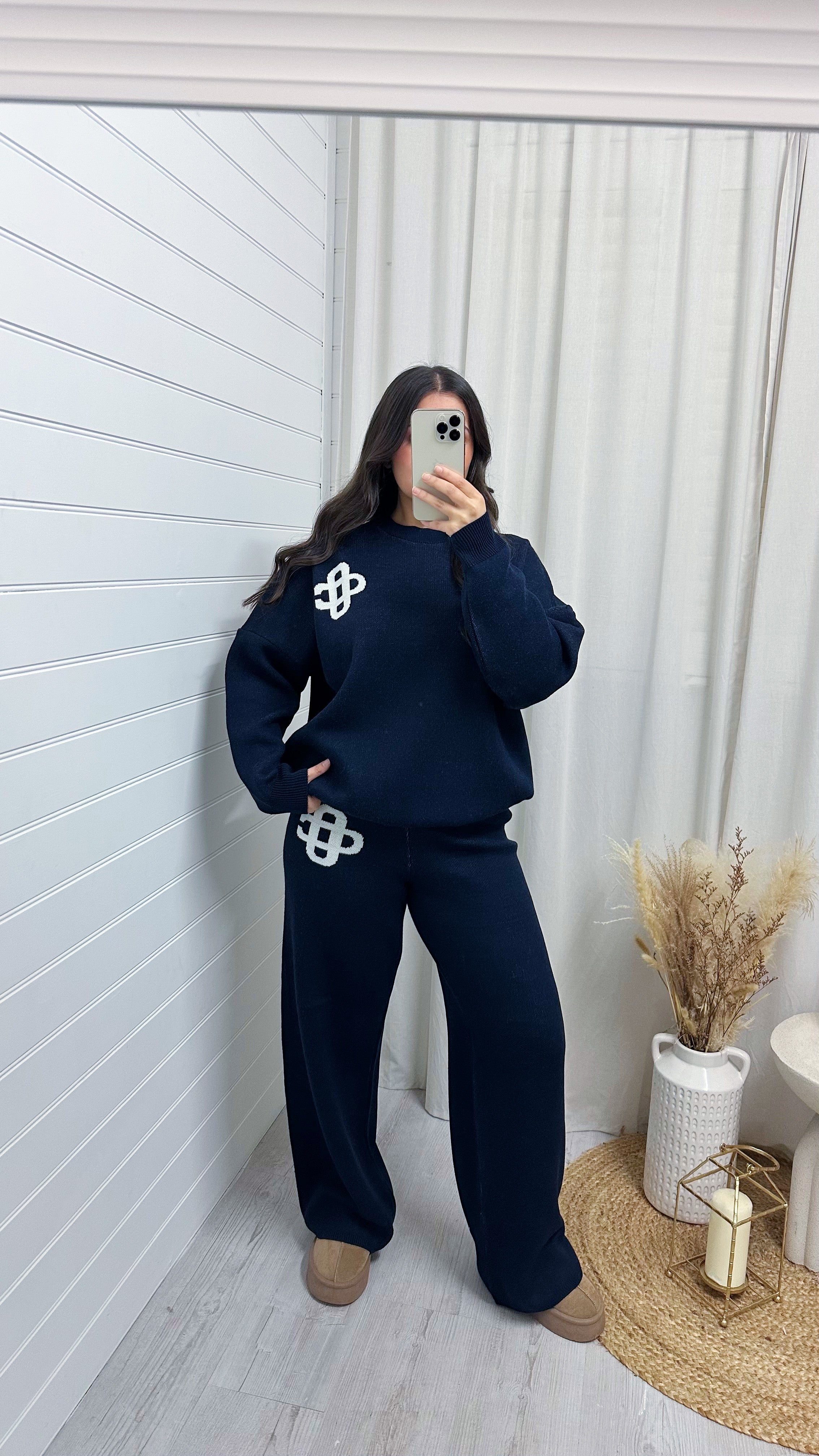 Knitted Logo Sweatshirt and Wide Leg Trousers Co-Ord - NAVY