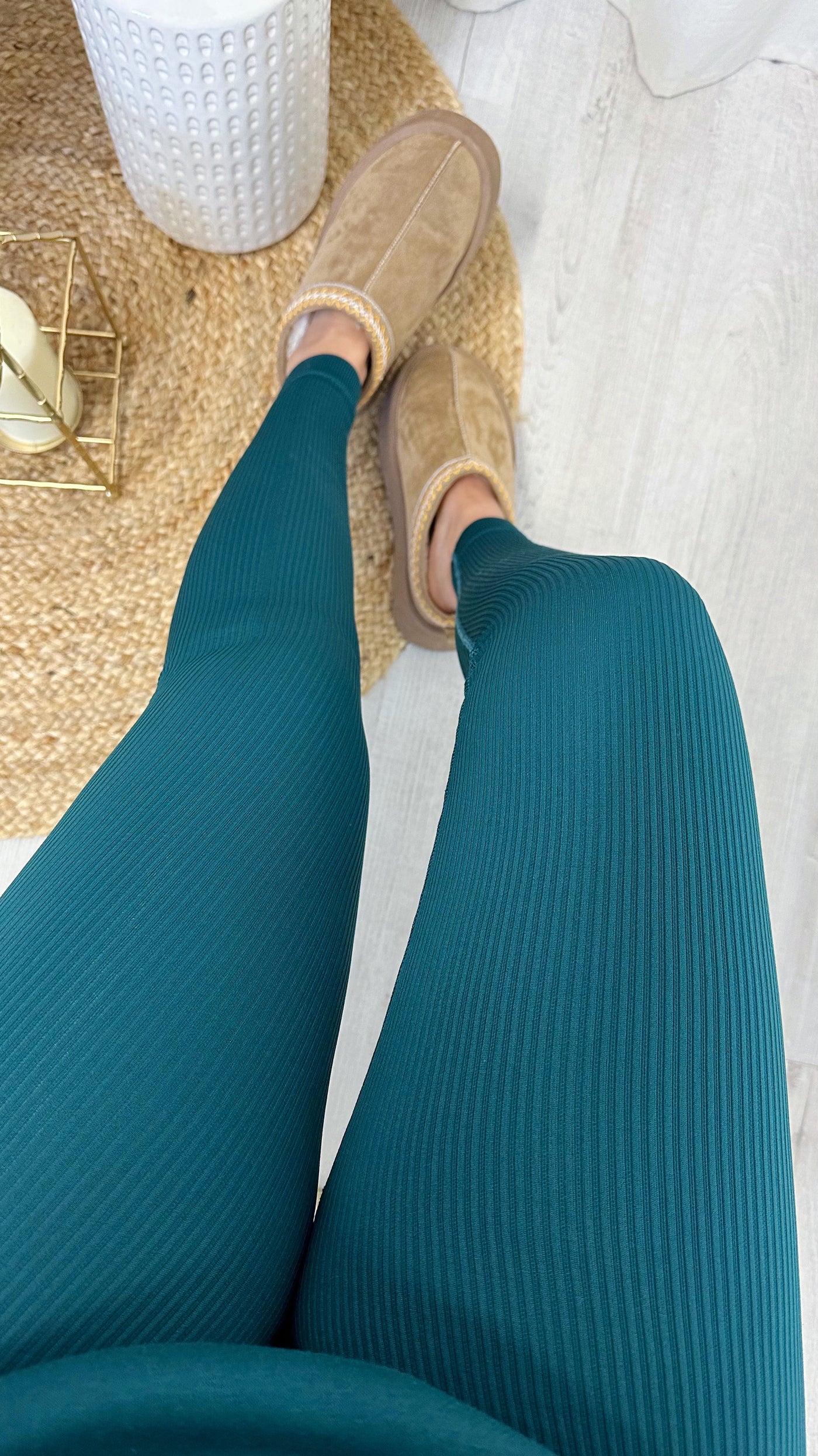 High Waisted Ribbed Leggings - FOREST GREEN