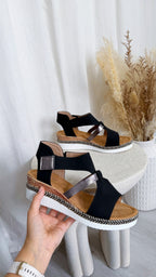 Suede Comfort Wedge Sandals - BLACK