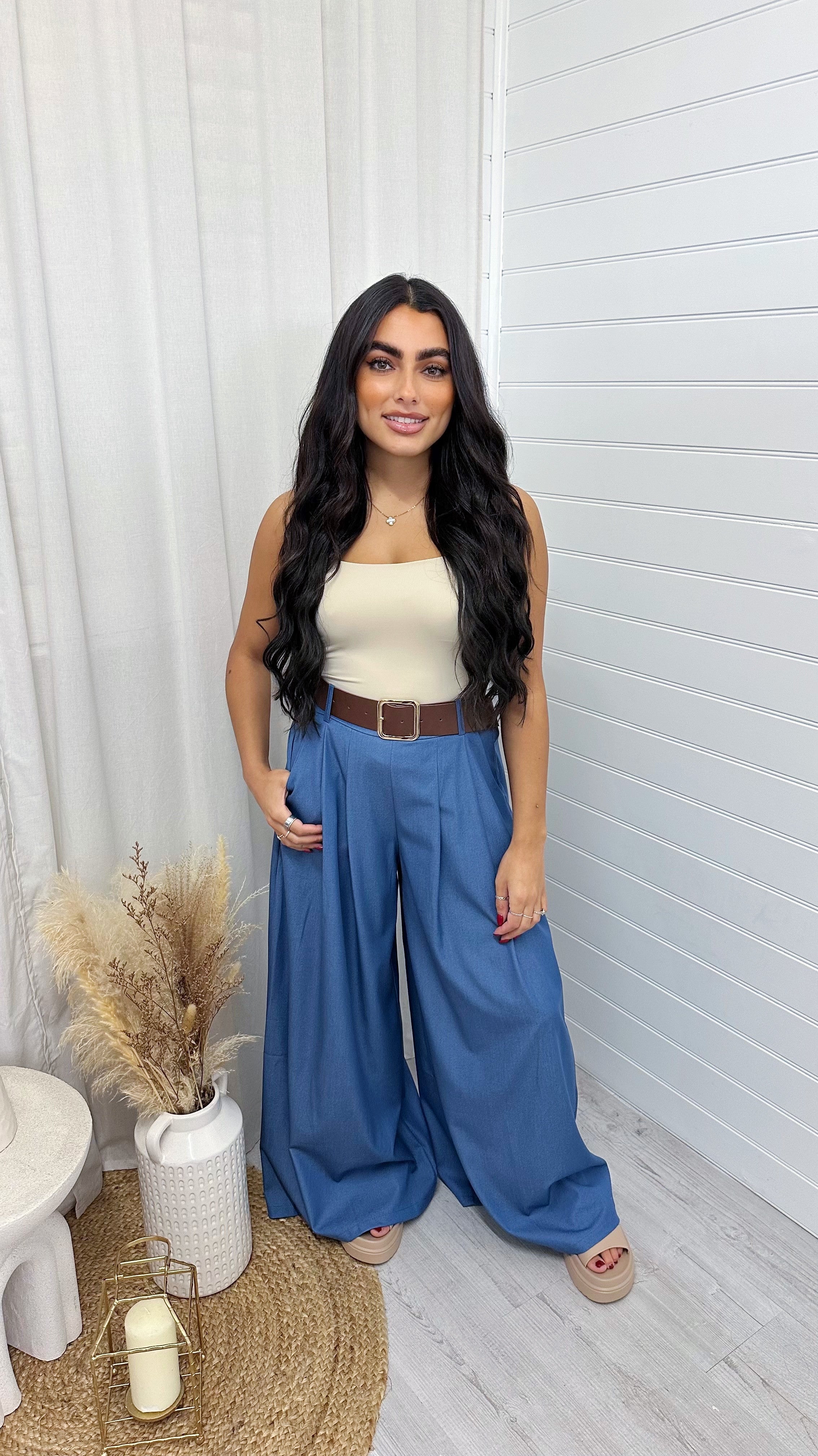 Belted Wide Leg Trousers - DENIM BLUE