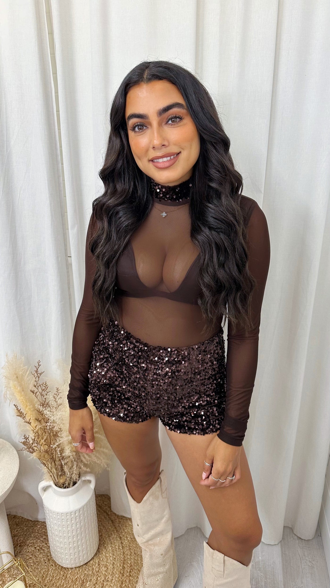3 Piece Sequin Mesh Bodysuit, Bralette and Shorts Co-Ord - BROWN