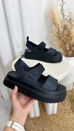 Chunky Velcro Strap Sandals - BLACK