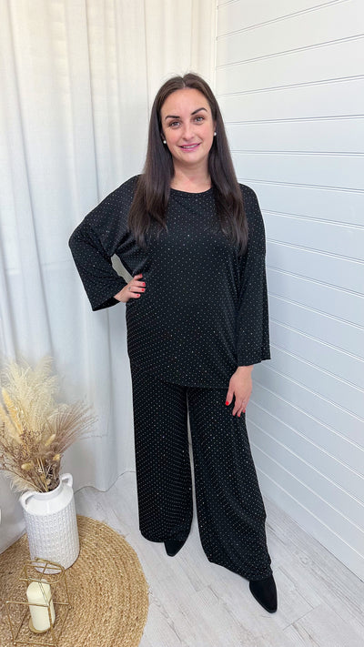 PLUS Sparkly Rhinestone Top and Trouser Co-Ord - BLACK