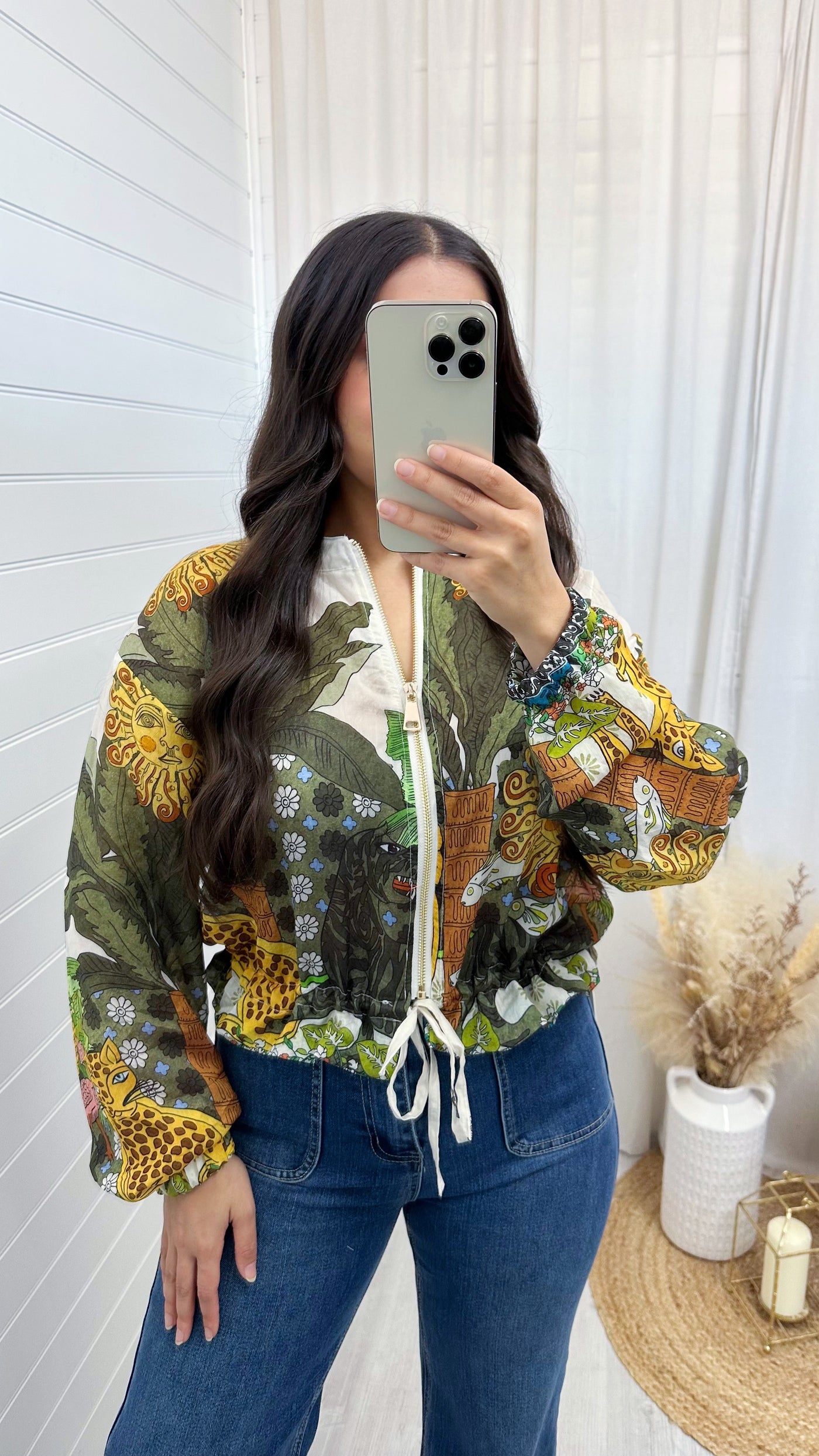 Floral Print Chiffon Bomber Jacket - KHAKI