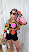 Multicolour Crochet Bell Sleeve Boho Top - BLACK