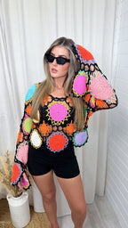 Multicolour Crochet Bell Sleeve Boho Top - BLACK