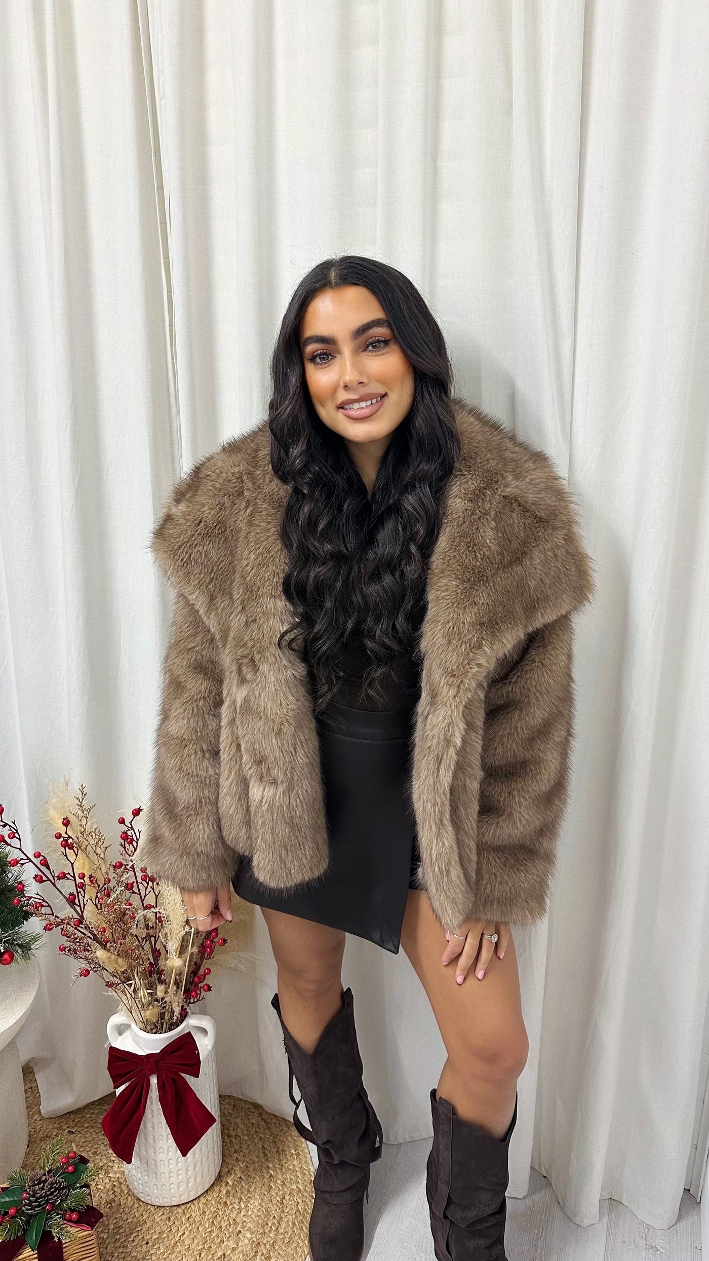 Oversized Lapel Faux Fur Coat - CARAMEL
