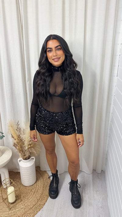3 Piece Sequin Mesh Bodysuit, Bralette and Shorts Co-Ord - BLACK