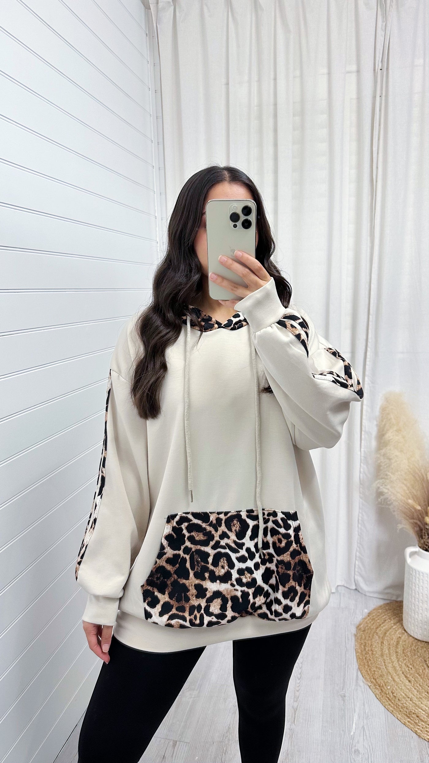 Oversized Leopard Contrast Hoodie - LIGHT BEIGE