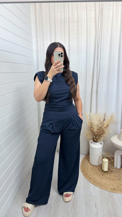 Asymmetrical Top and Wide Leg Trousers Co-Ord - NAVY