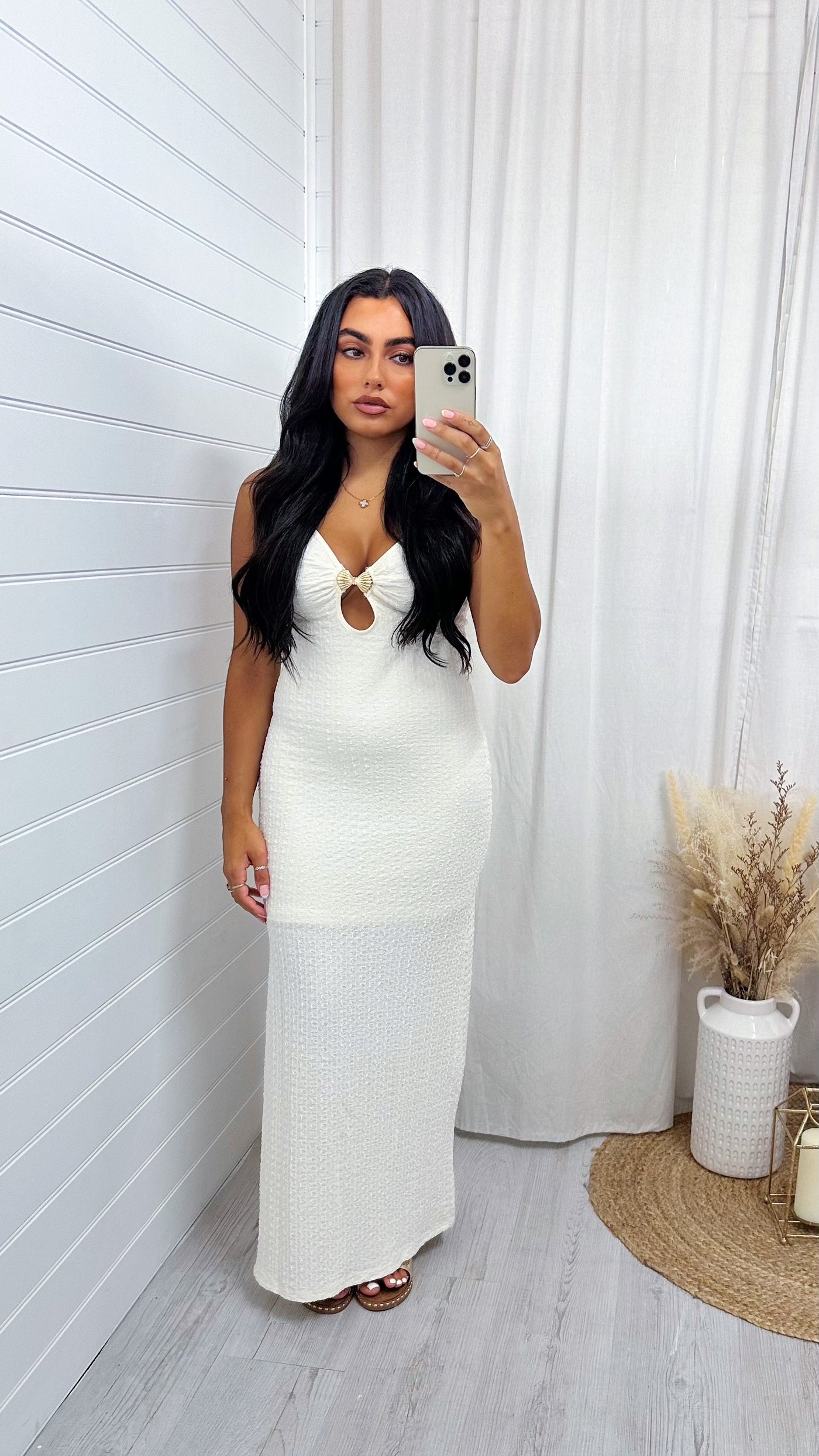 Seashell Buckle Plunge Maxi Dress - CREAM