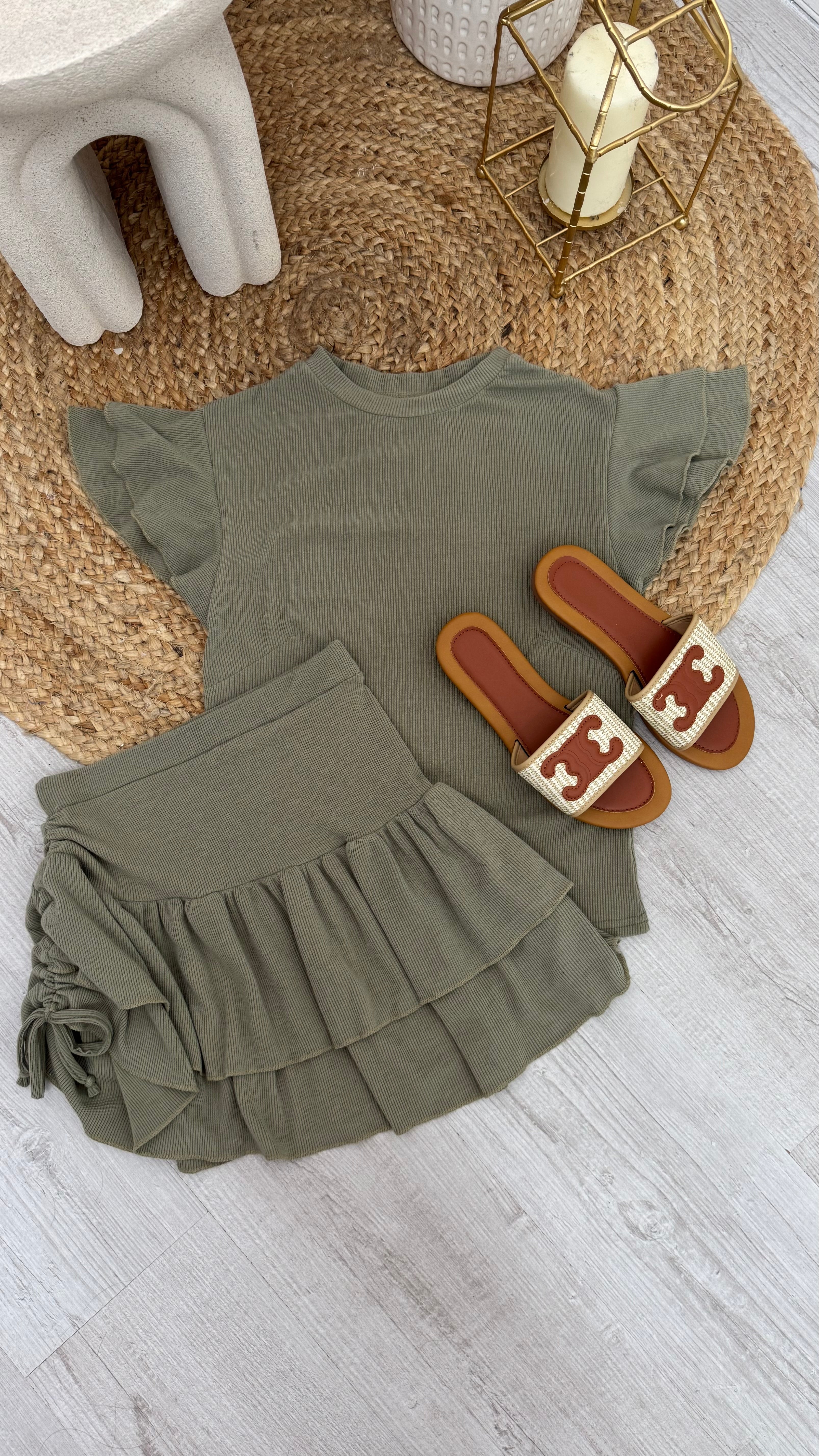 Frill Sleeve Top and Frill Ruched Skirt Co-Ord - KHAKI