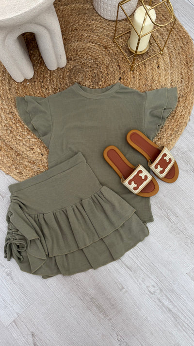 Frill Sleeve Top and Frill Ruched Skirt Co-Ord - KHAKI