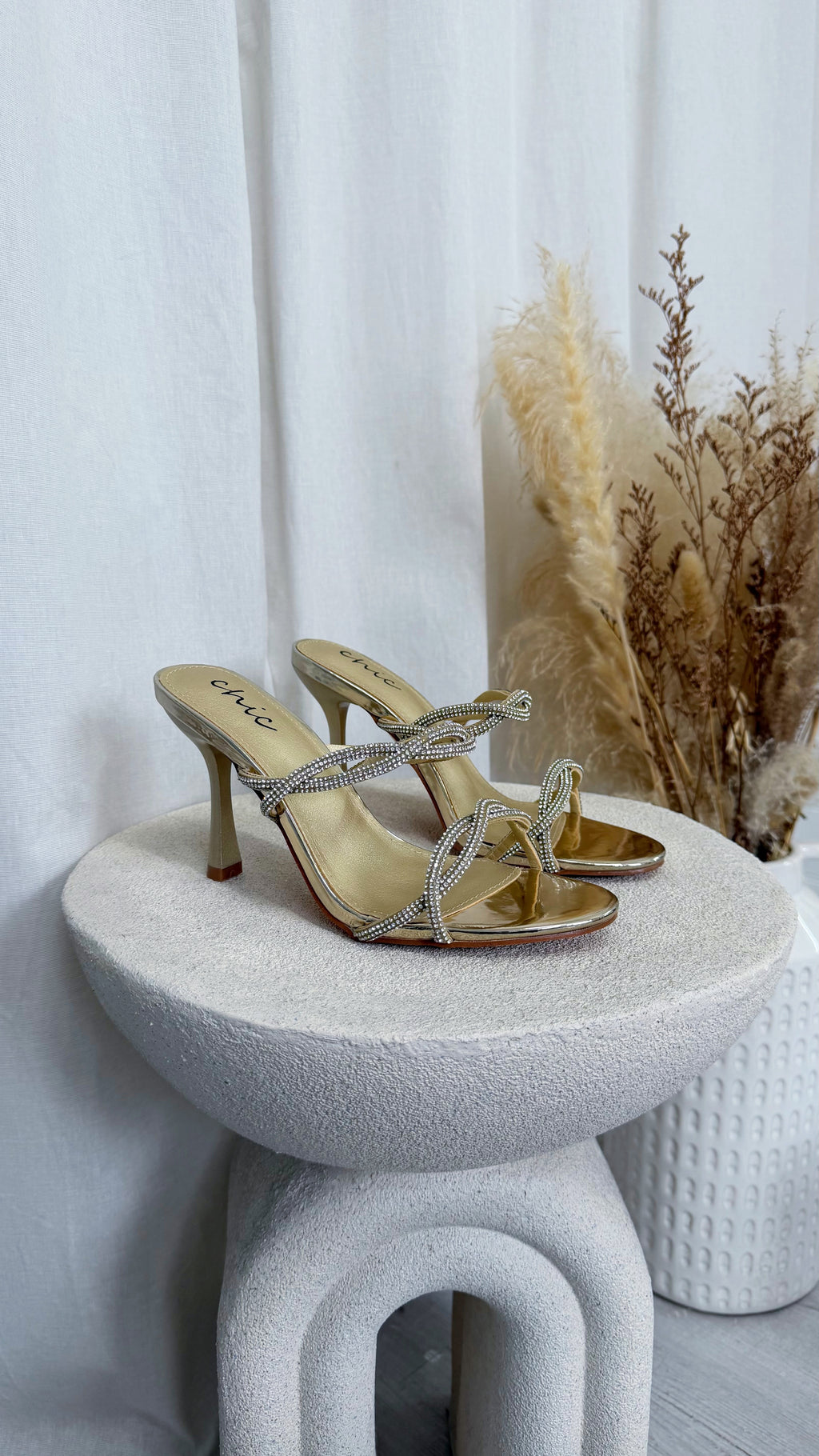 Diamante Criss Cross Slip On Heels - GOLD