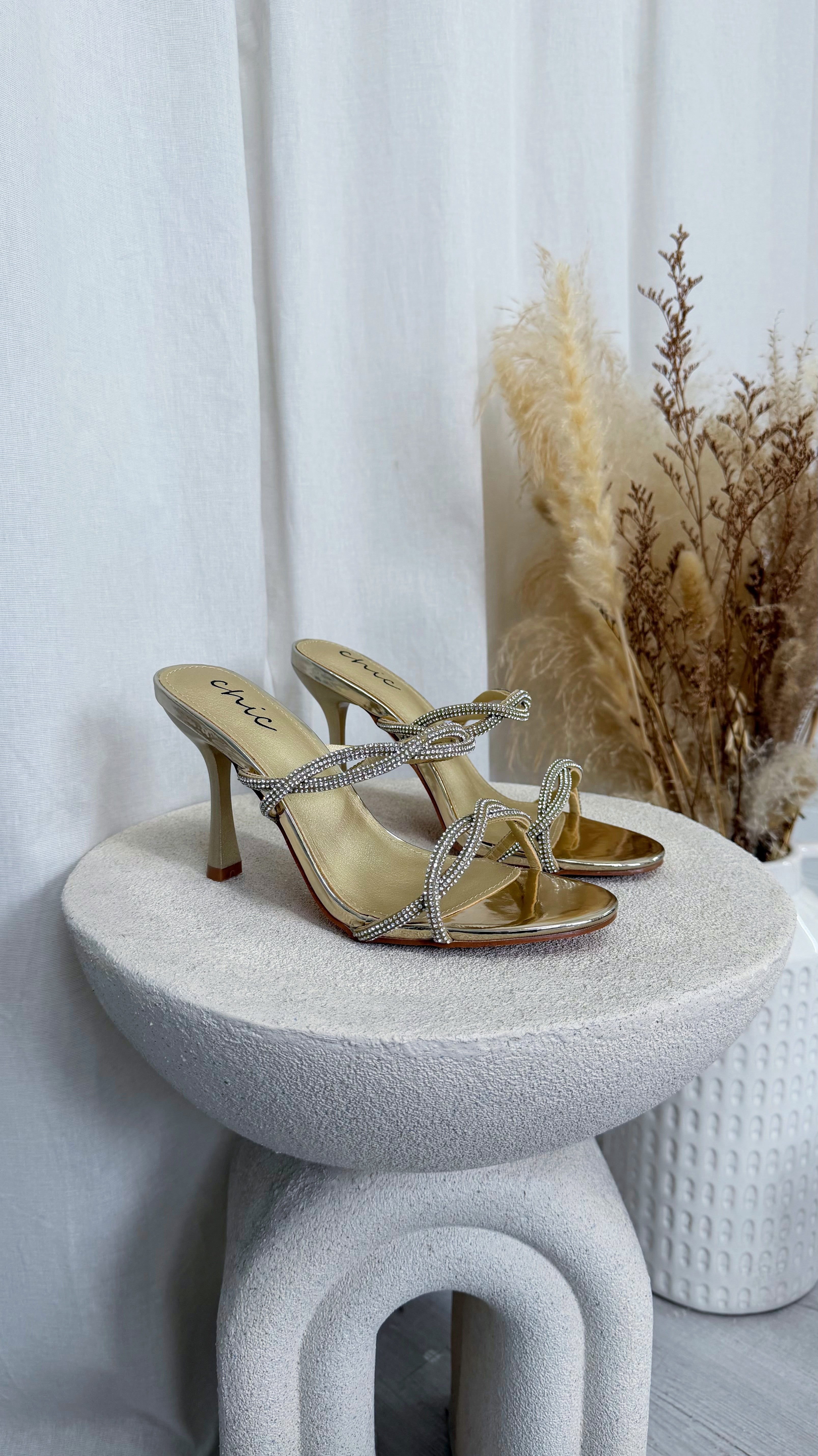 Diamante Criss Cross Slip On Heels - GOLD