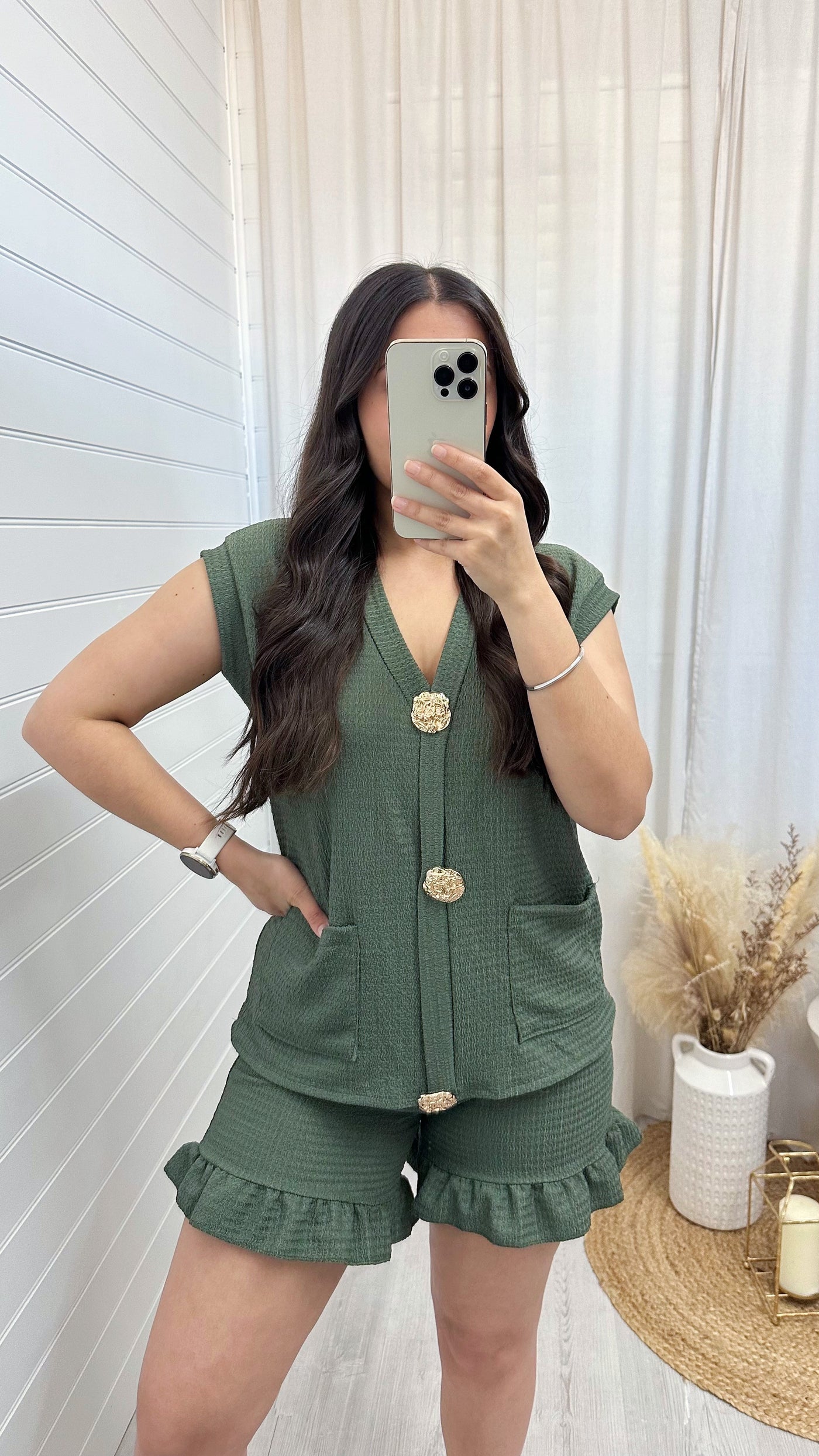 Gold Button Cheesecloth Waistcoat and Shorts Co-Ord - KHAKI