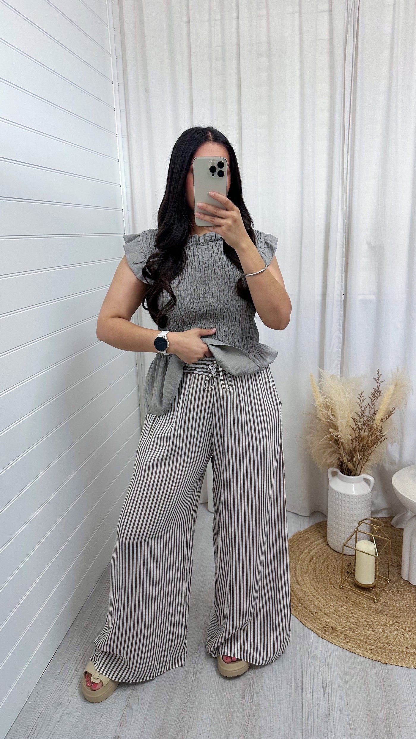 Pinstripe Linen Wide Leg Trousers - MOCHA