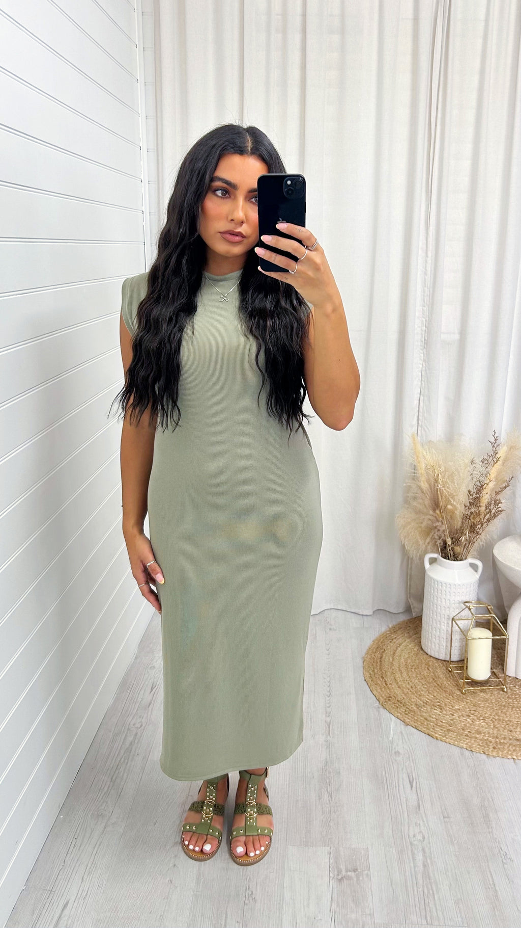 Soft Ribbed Sleeveless Midi Dress - SAGE