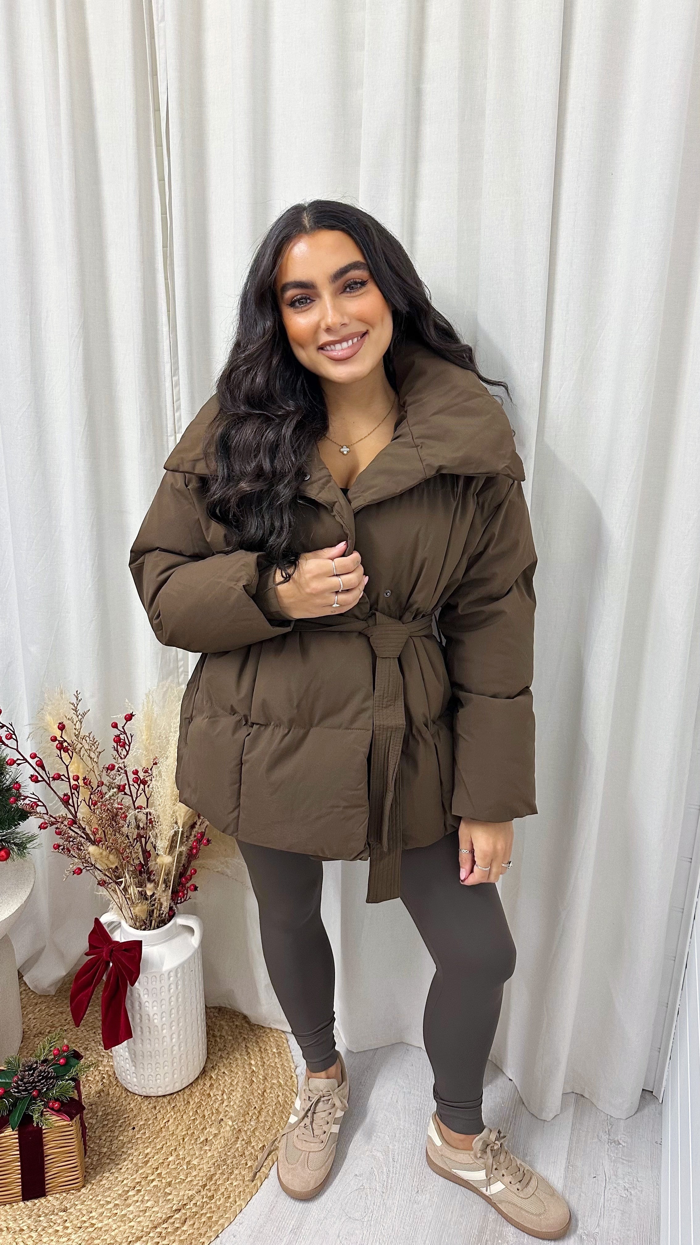 Belted Chunky Puffer Coat - BROWN