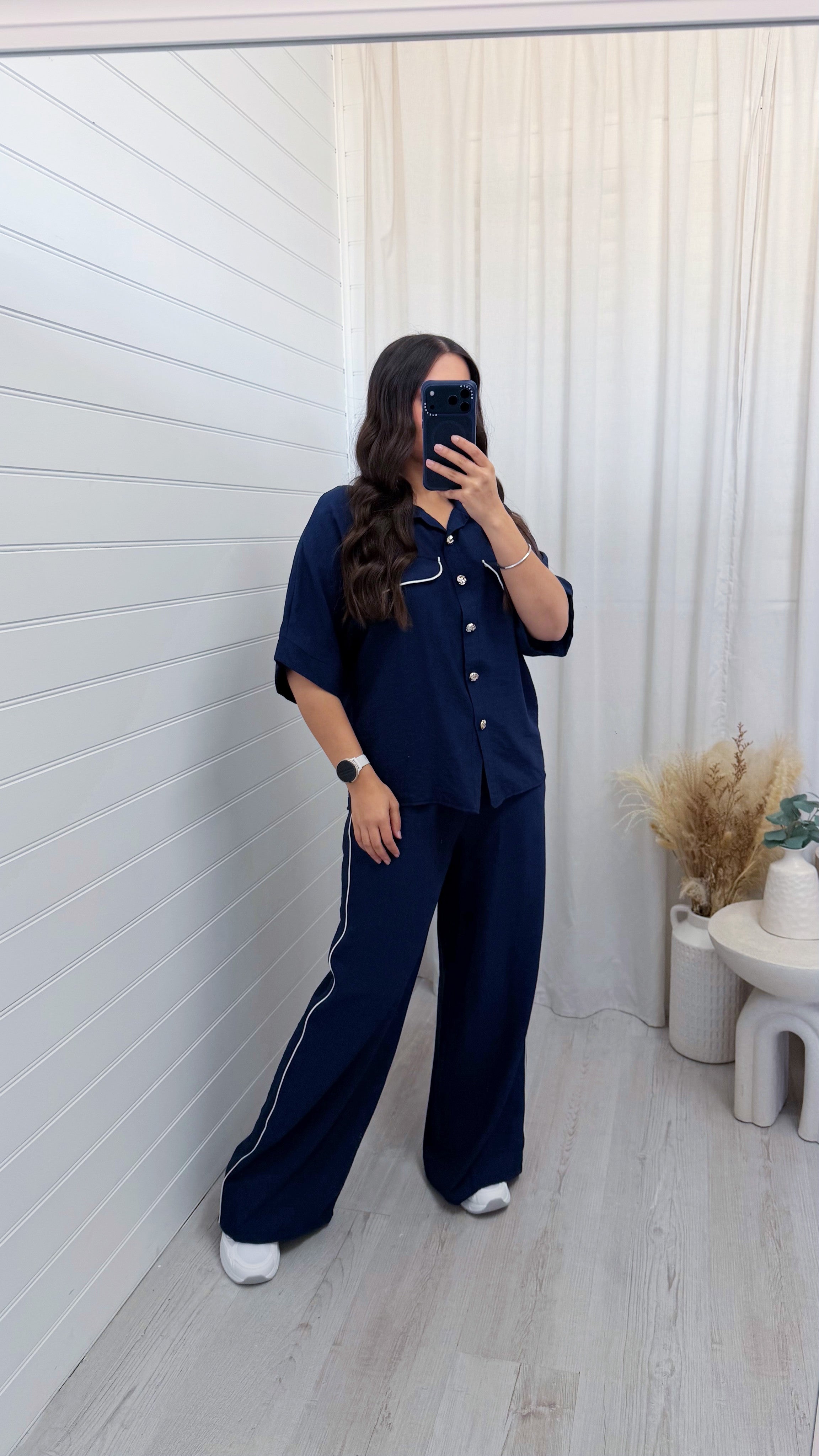 White Piped Shirt and Trousers Co-Ord - NAVY