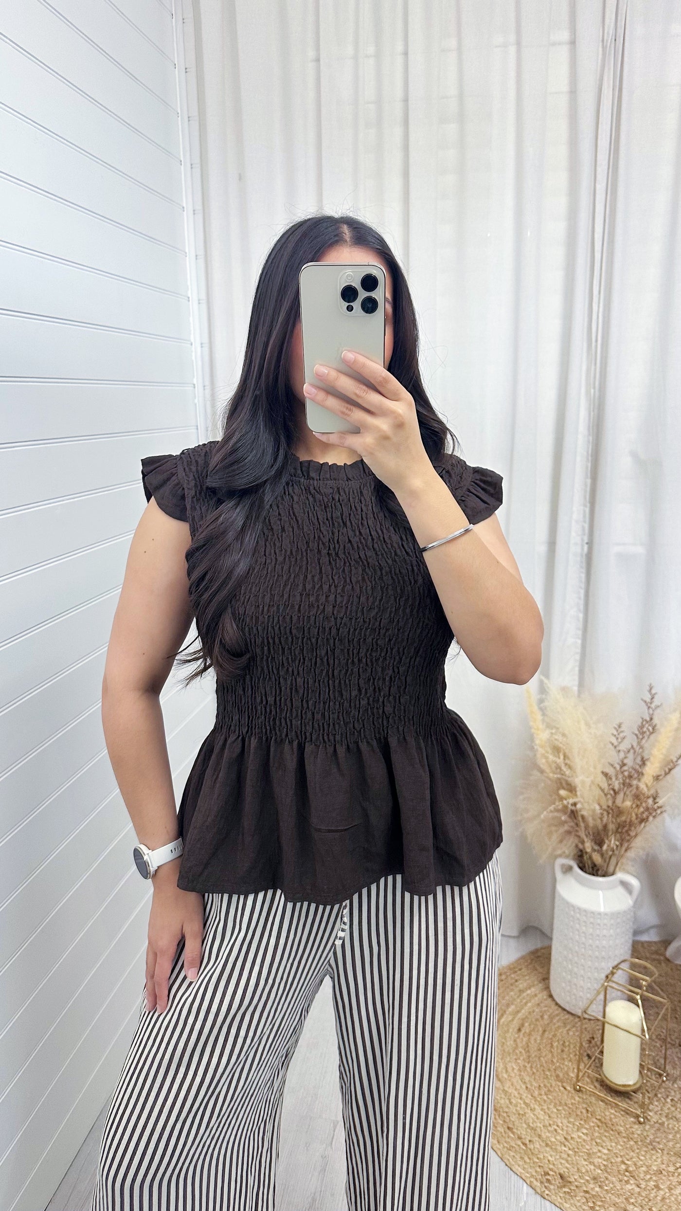 Shirred Peplum Vest Top - BROWN