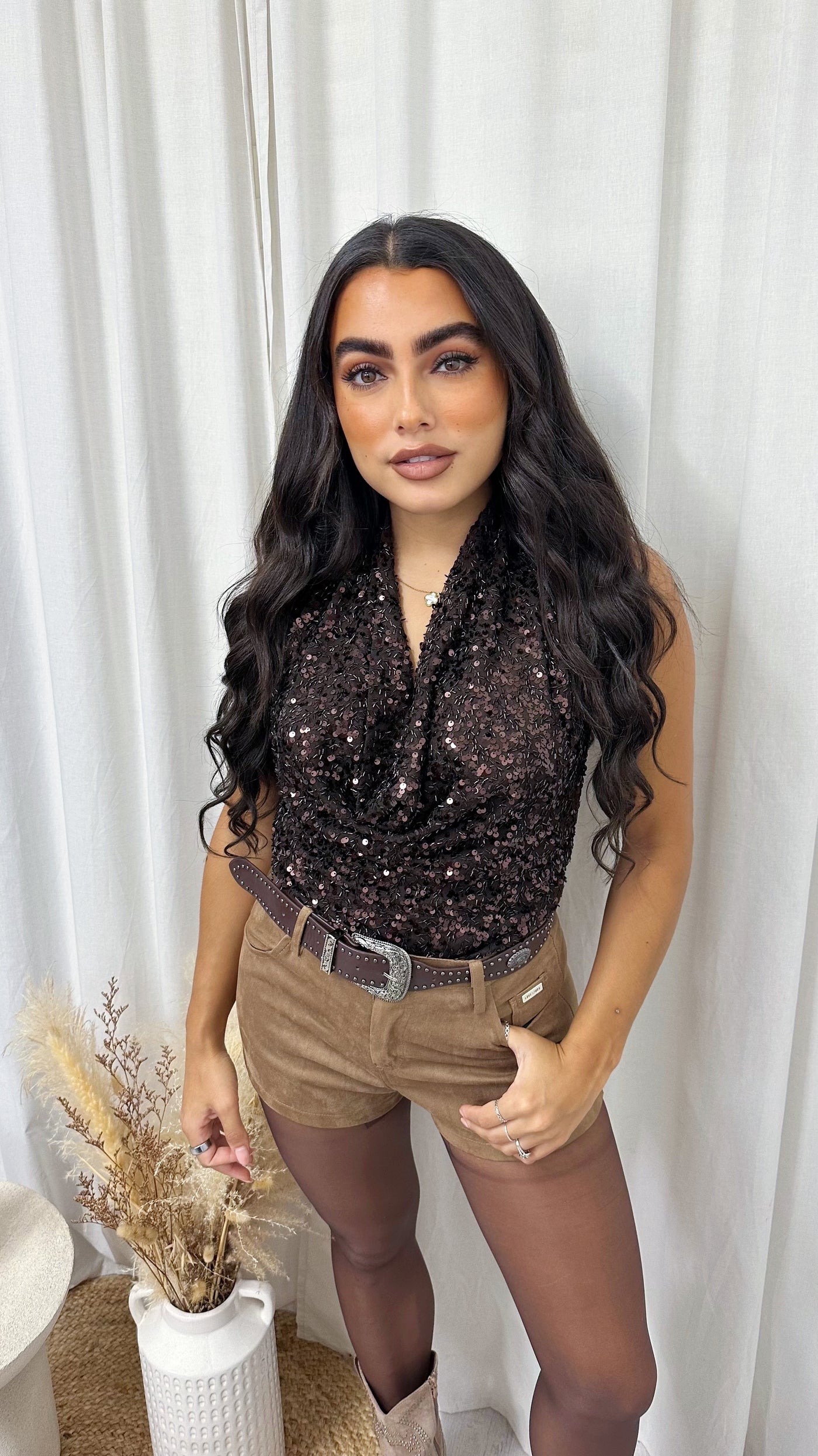 Halter Neck Sequin Embellished Top - BROWN