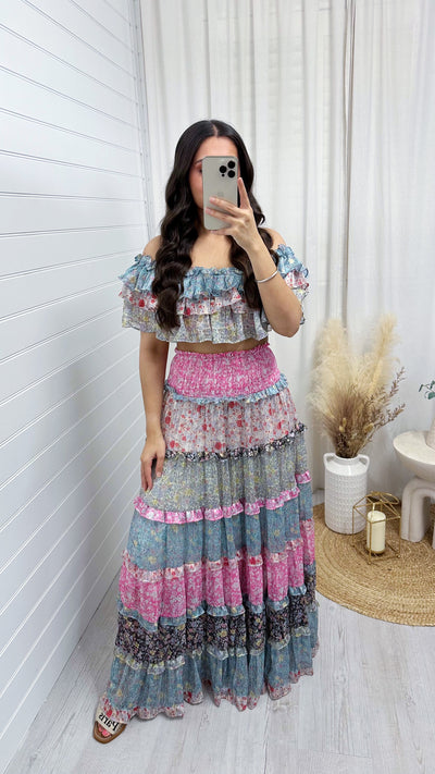 Ruffle Layered Maxi Skirt and Top Boho Co-Ord - PINK