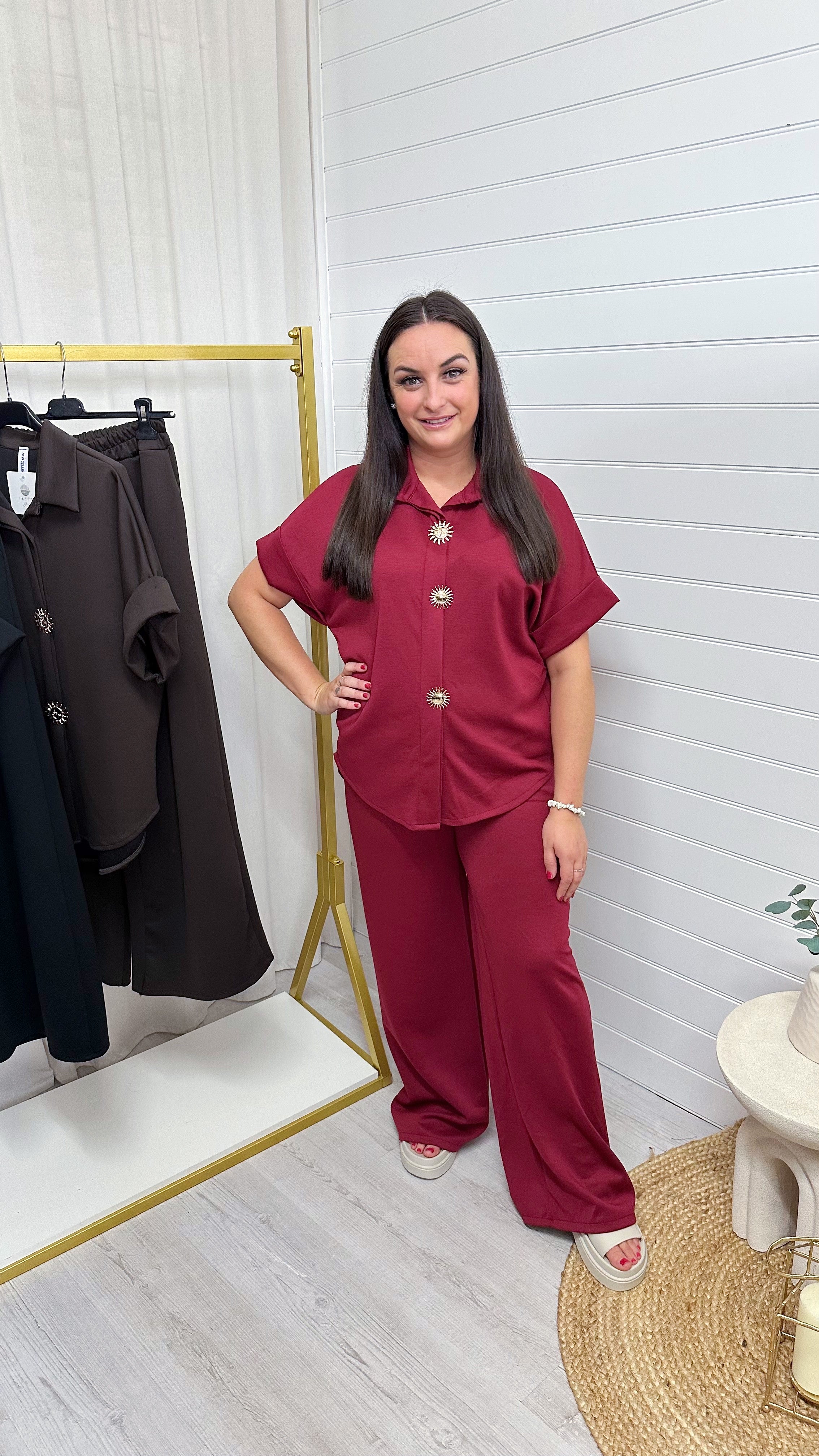 Celestial Gold Button Shirt and Straight Leg Trousers Co-Ord - WINE