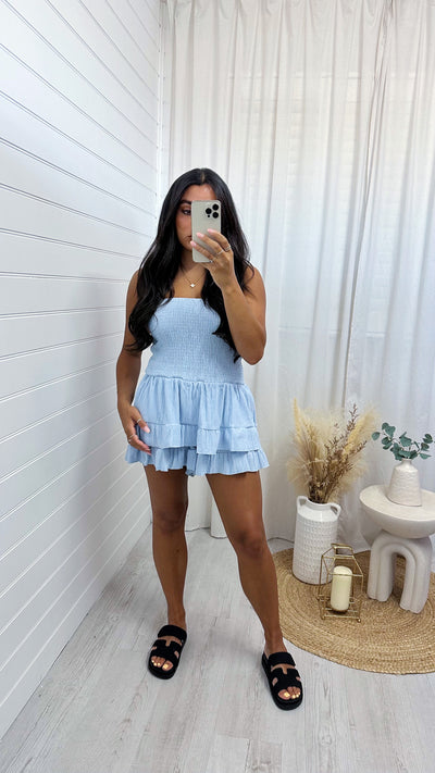 Shirred Frill Hem Playsuit - BLUE