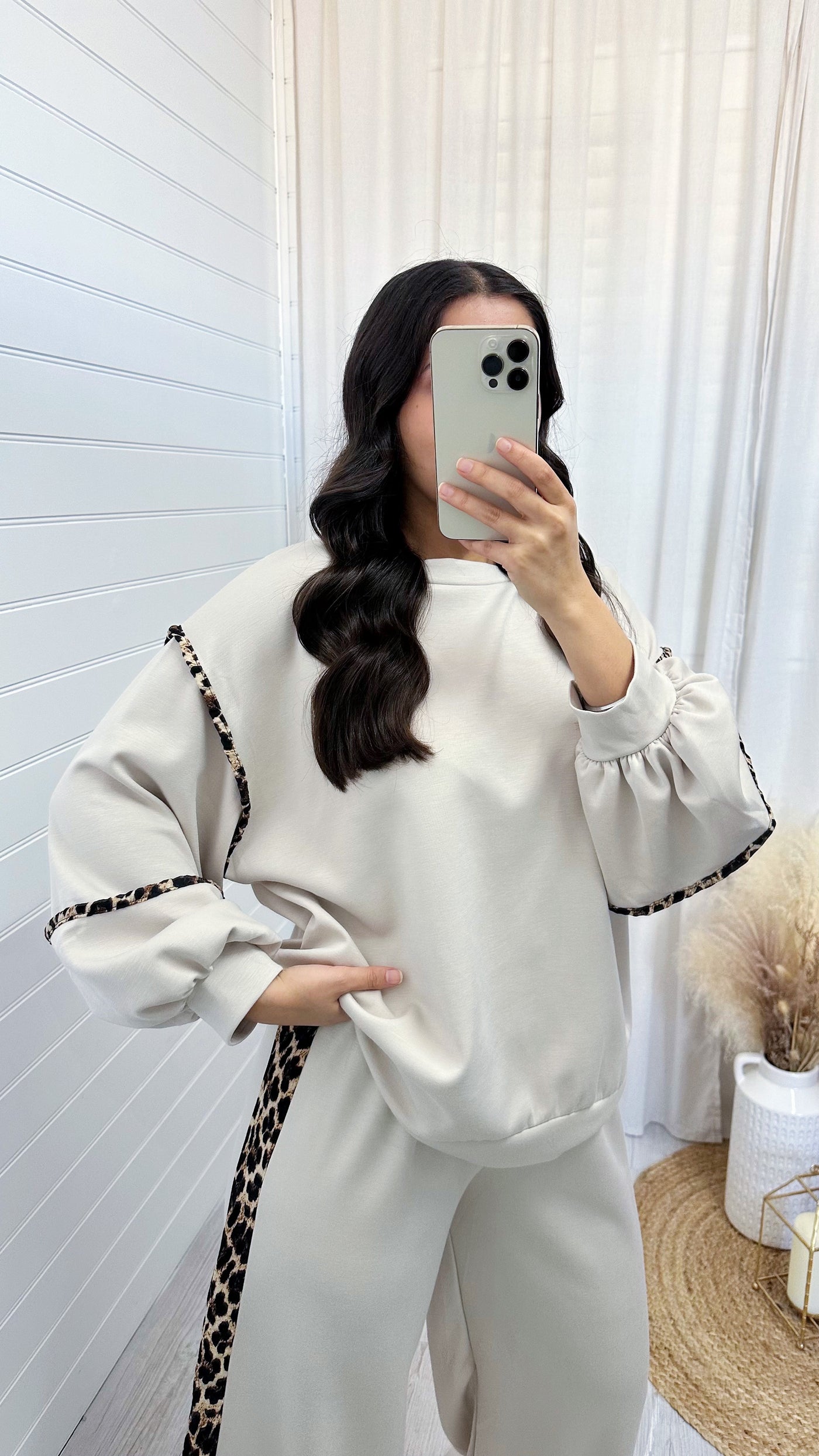 Balloon Sleeve Leopard Trim Sweatshirt and Wide Joggers Co-Ord - LIGHT BEIGE