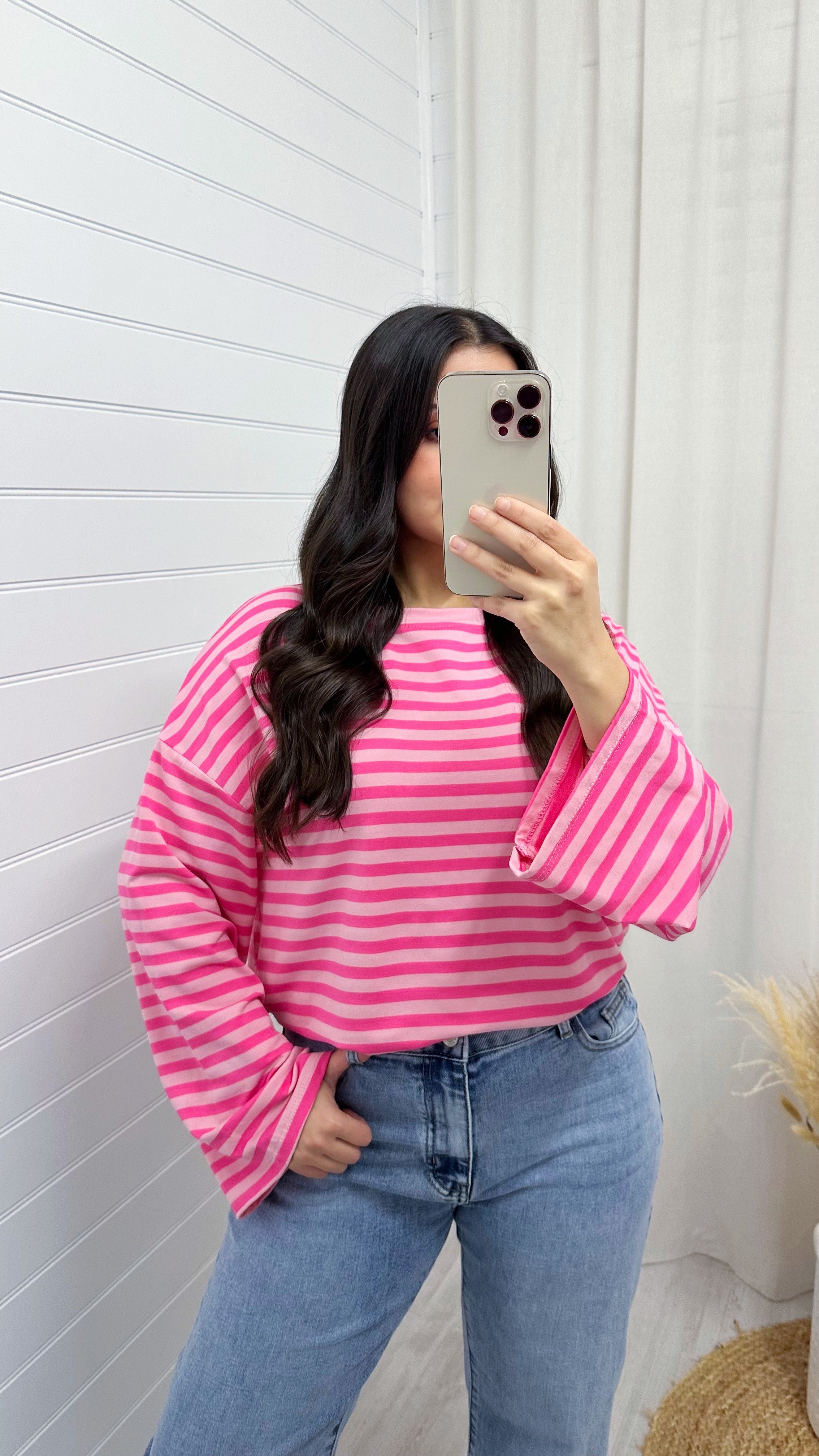 Baggy Stripe Long Sleeve T-Shirt - BABY PINK/CANDY PINK