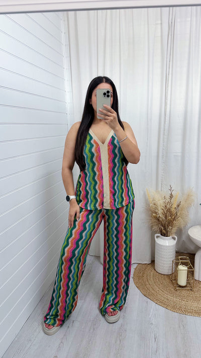 Zig Zag Strappy Vest Top and Wide Leg Trousers Co-Ord - GREEN/PINK