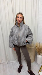 Quilted Gingham Bomber Jacket - GREY
