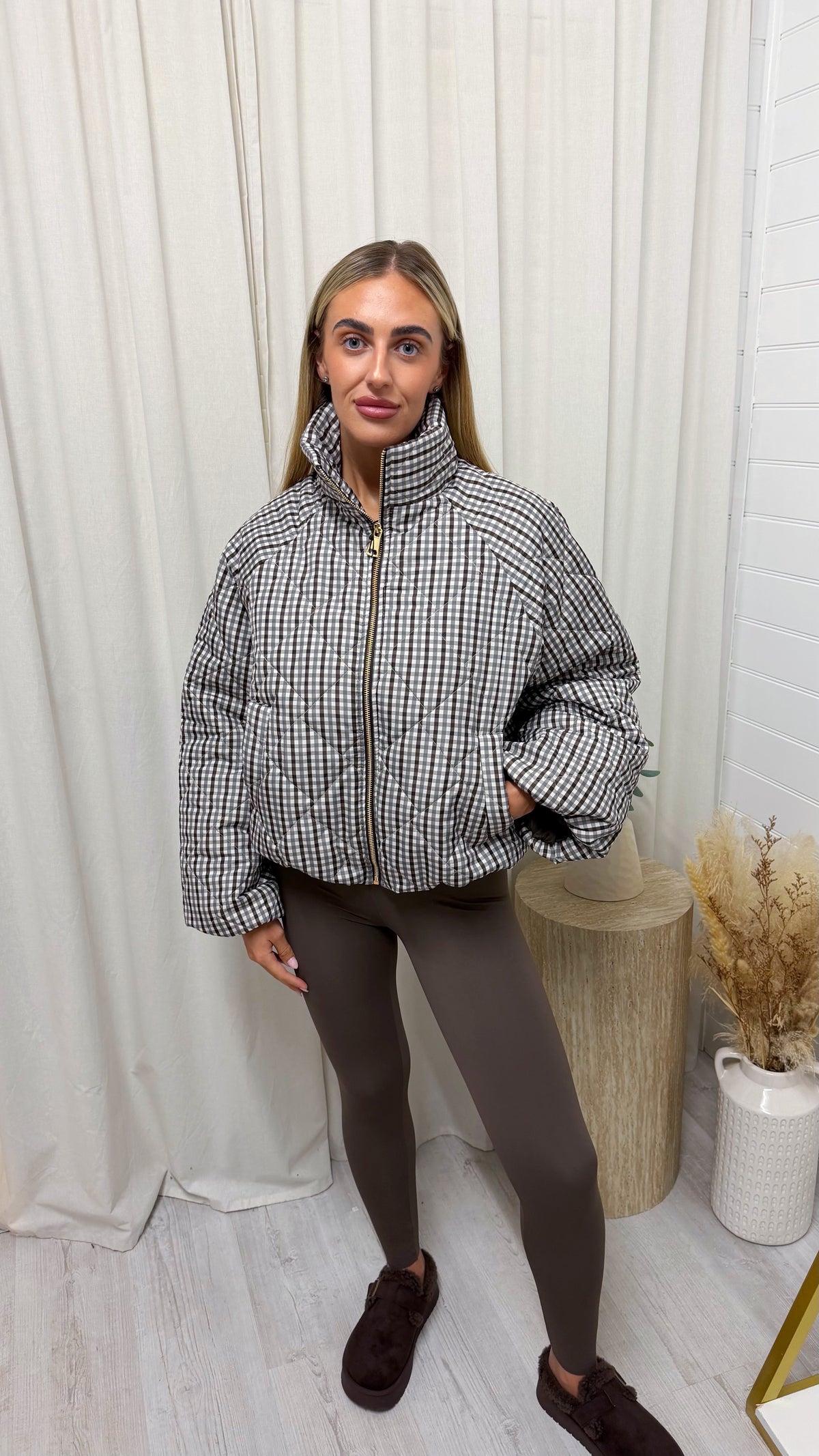 Quilted Gingham Bomber Jacket - GREY