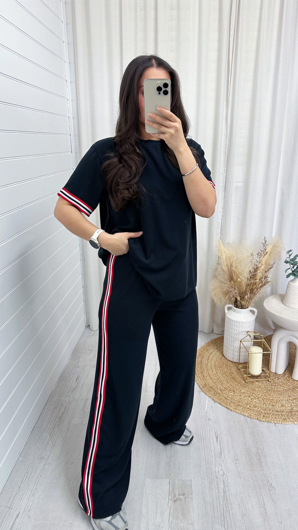 Soft Ribbed Side Strip T-Shirt and Trousers Co-Ord - BLACK